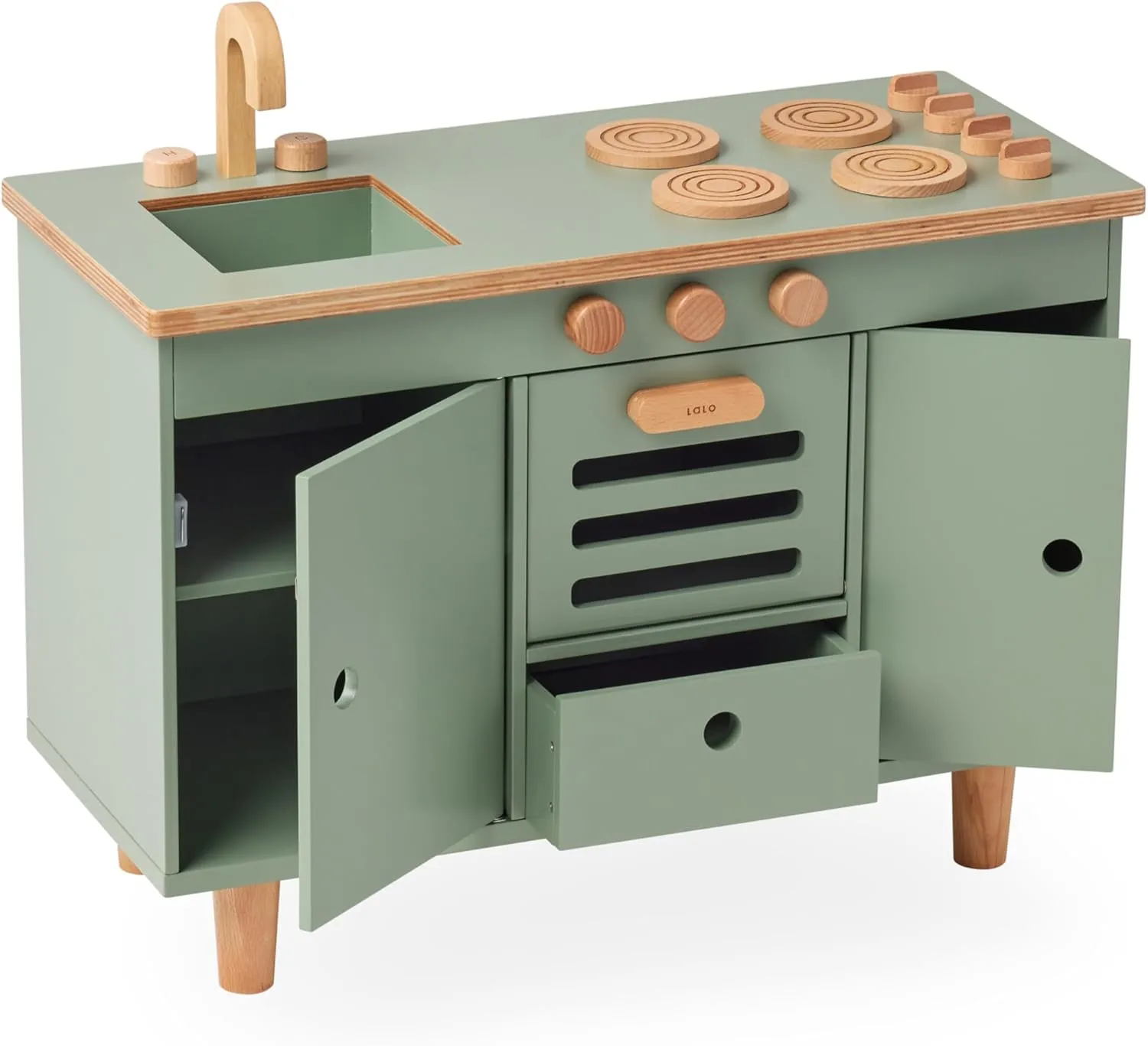 Lalo The Play Kitchen - Tool-Free Assembly, Toddler Kitchen Playset with Interactive Knobs & Doors, Safe for Kids 3 , Promotes Open-Ended Play, Wooden Play Kitchen, Made from Birch Wood - Sage