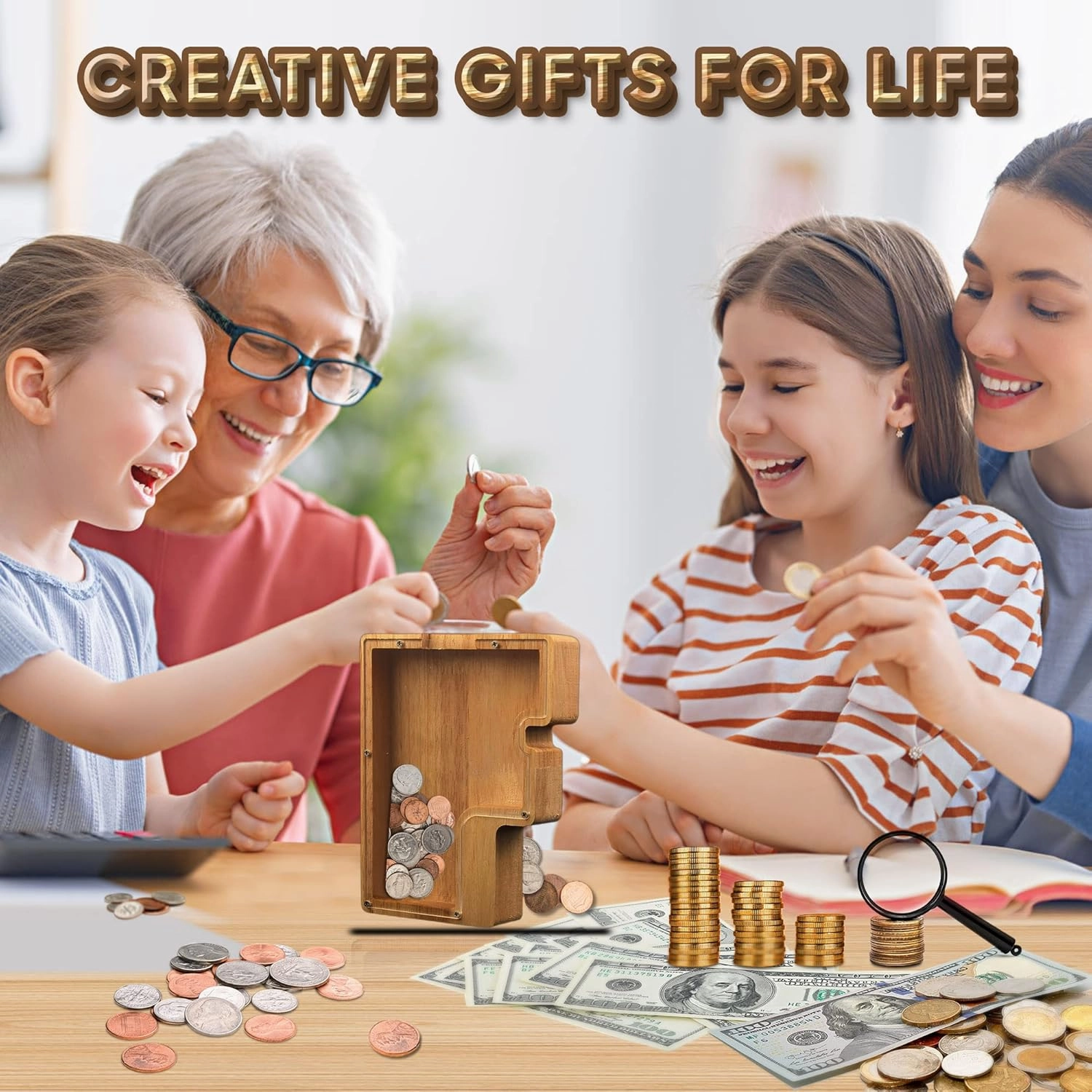 Large Wooden Letter Piggy Bank for Kids Boys Girls Adults Personalized Piggy-Bank from A to Z Alphabet DIY Your Custom Name Letter Coin Bank, Perfect for Gift and Home, Comes with Letter Stickers