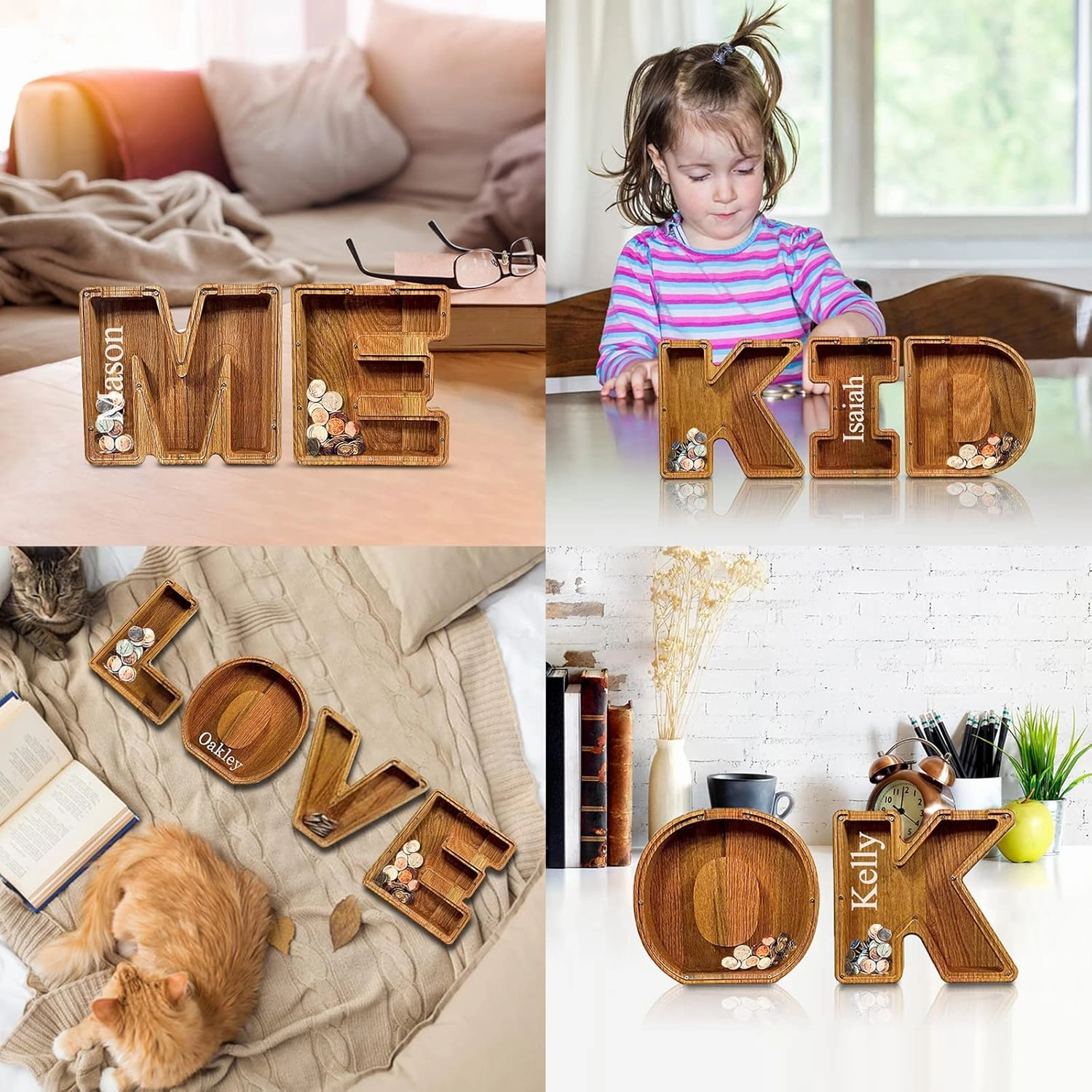Large Wooden Letter Piggy Bank for Kids Boys Girls Adults Personalized Piggy-Bank from A to Z Alphabet DIY Your Custom Name Letter Coin Bank, Perfect for Gift and Home, Comes with Letter Stickers