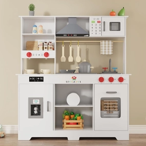 Large Wooden Play Kitchen for Kids - Realistic Kitchen Playset with Interactive Appliances & Storage - Hood, Microwave, Coffee Maker & Full Utensil Set - Gift for Boys & Girls Ages 3 