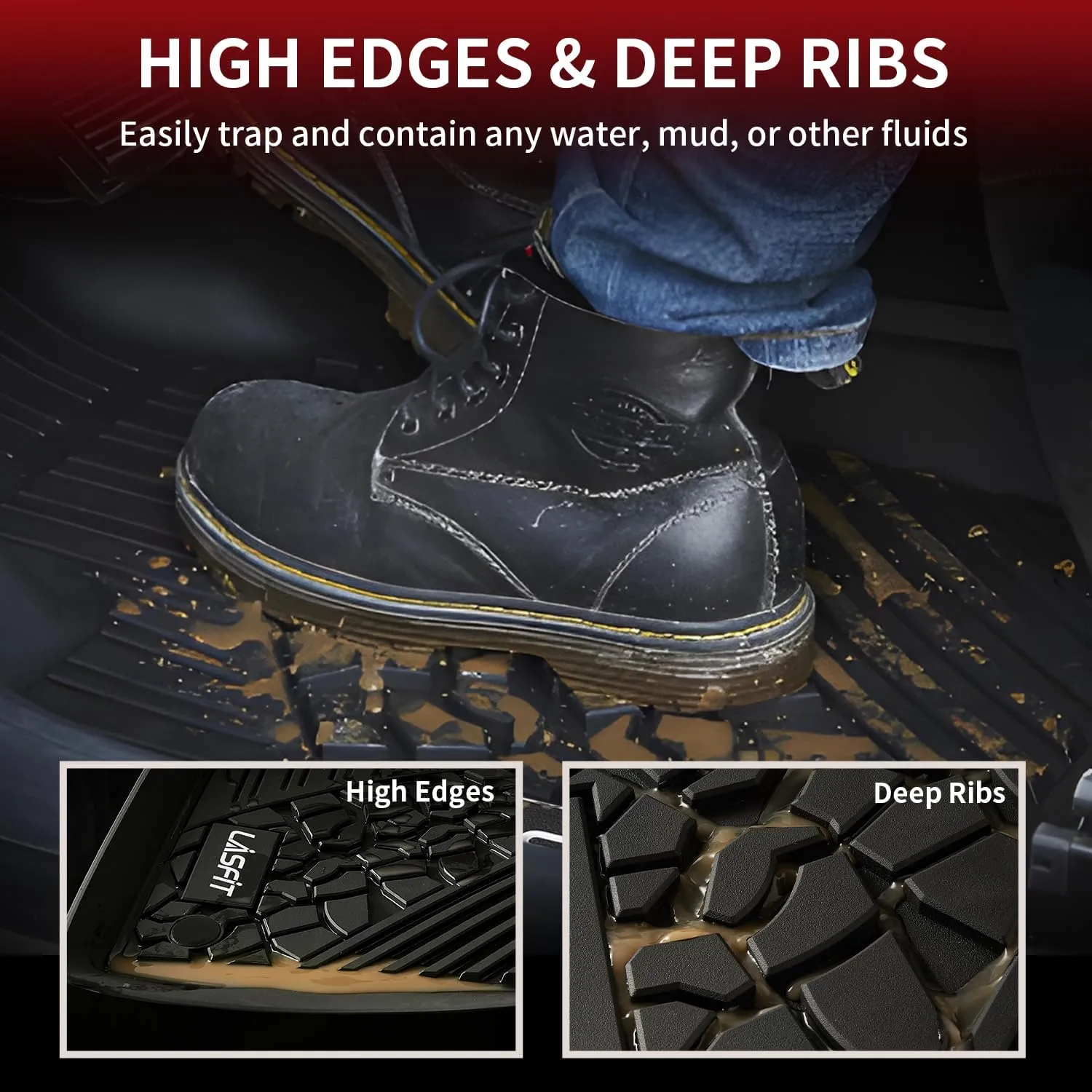 LASFIT Floor Mats for Jeep Gladiator JT 2020-2024 2025 All Weather TPE Custom Fit Pickup Truck Mats Floor Liners 1st & 2nd Row, Black