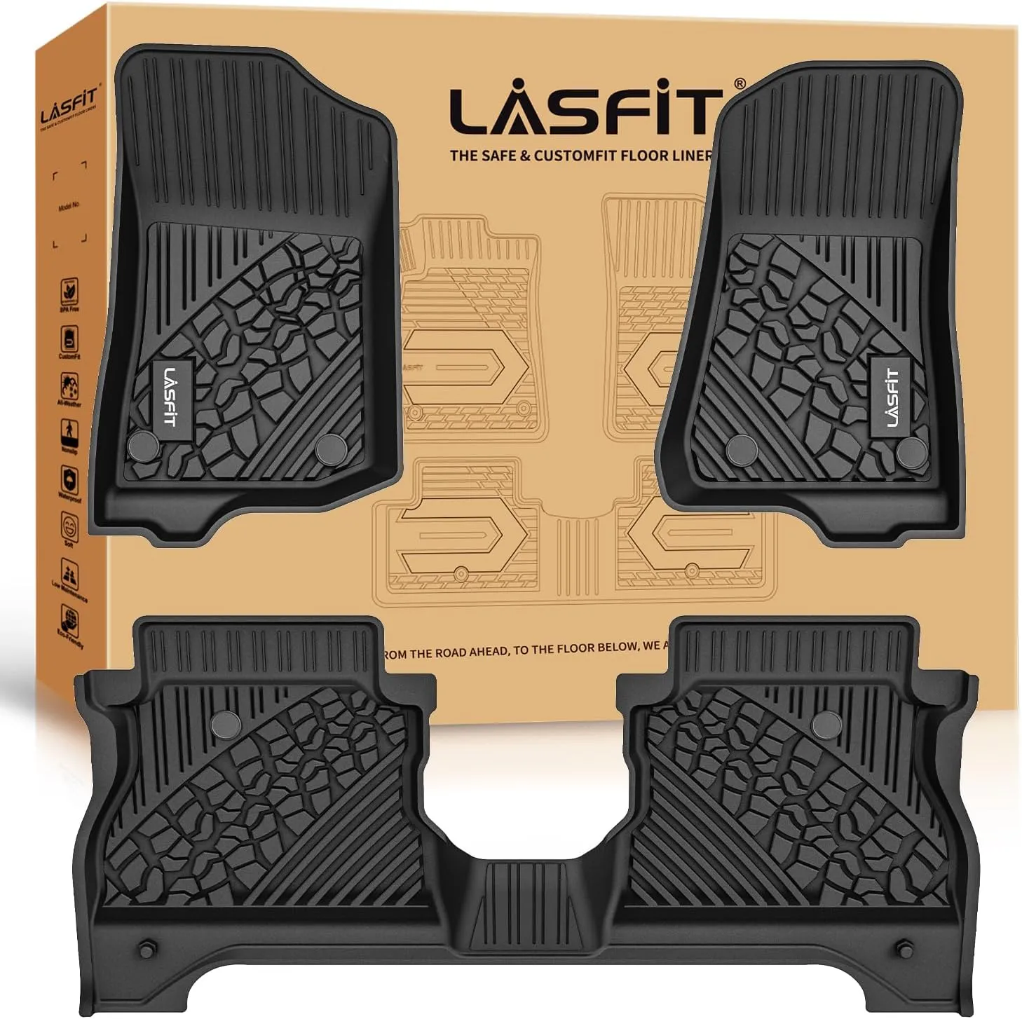 LASFIT Floor Mats for Jeep Gladiator JT 2020-2024 2025 All Weather TPE Custom Fit Pickup Truck Mats Floor Liners 1st & 2nd Row, Black