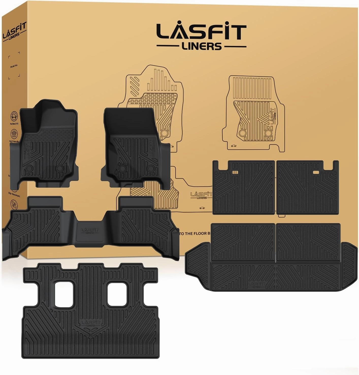 LASFIT Floor Mats&Trunk Mat with Backrest Mat for Toyota 4Runner 2025(Only Fit 7 Seats), All Weather TPE Custom Fit Floor Liner for 4Runner SR5/TRD/Limited 6th gen Front&Rear 4 Runner Car Mats, Black