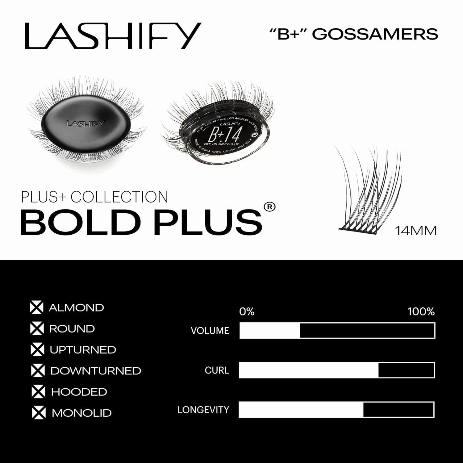 Lashify Bold Plus  14mm Gossamer Eyelash Extensions Refill in Black, Easy DIY False Lashes for the Most Delicate, Natural and Long Lasting Look
