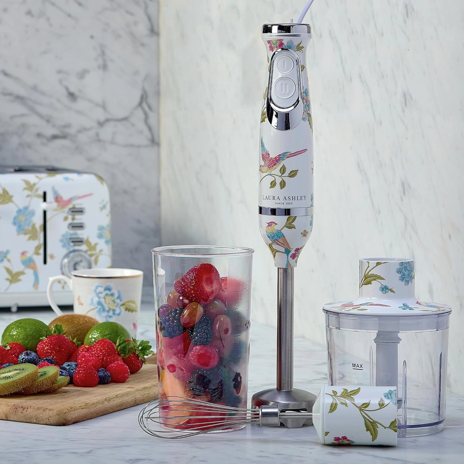 Laura Ashley 150W Immersion Blender Handheld - 4 in 1 Electric Hand Blender for Kitchen with Durable Stainless Steel Blades, Whisk & 300ml Mixing, Pouring Cup - 2 Speed Modes Hand Held Stick Blender