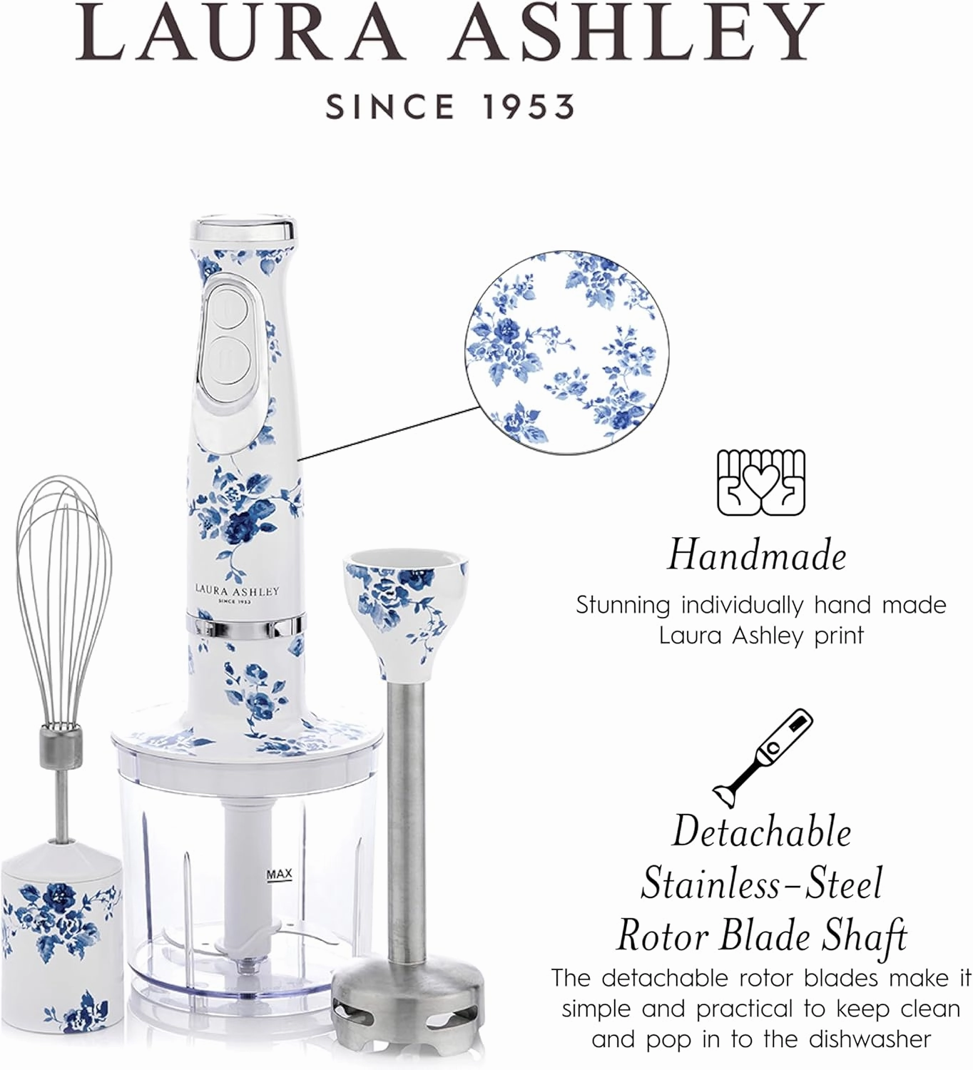 Laura Ashley 150W Immersion Blender Handheld - 4 in 1 Electric Hand Blender for Kitchen with Durable Stainless Steel Blades, Whisk & 300ml Mixing, Pouring Cup - 2 Speed Modes Hand Held Stick Blender