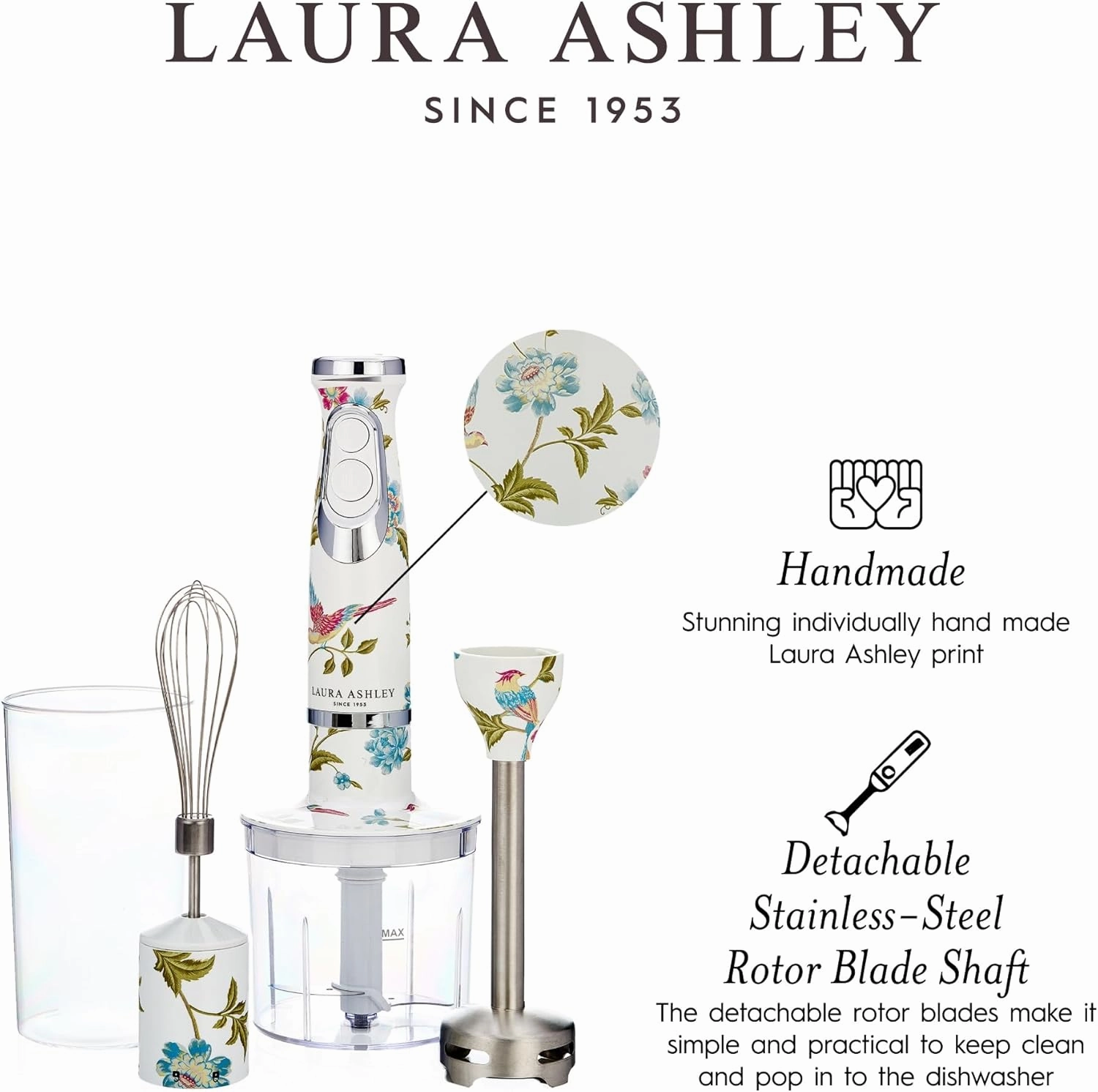 Laura Ashley 150W Immersion Blender Handheld - 4 in 1 Electric Hand Blender for Kitchen with Durable Stainless Steel Blades, Whisk & 300ml Mixing, Pouring Cup - 2 Speed Modes Hand Held Stick Blender