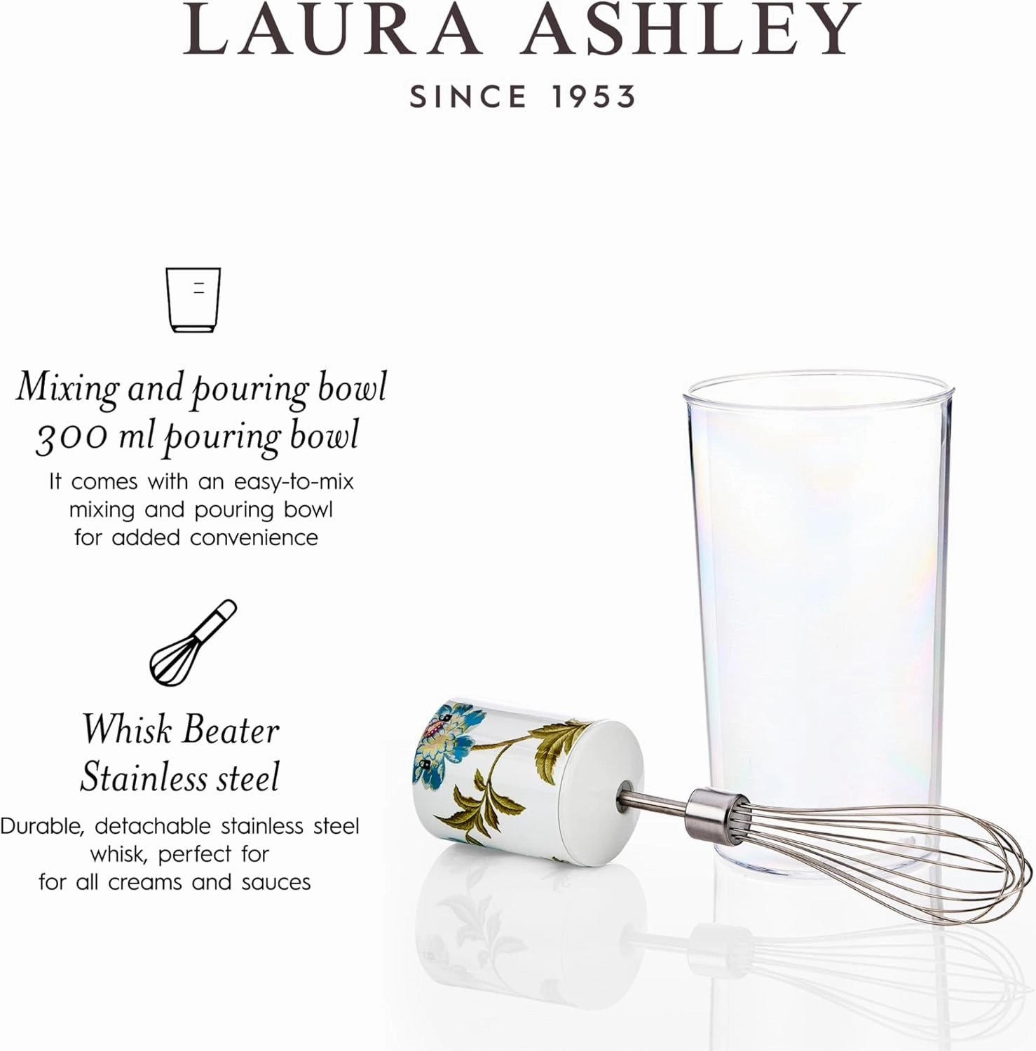 Laura Ashley 150W Immersion Blender Handheld - 4 in 1 Electric Hand Blender for Kitchen with Durable Stainless Steel Blades, Whisk & 300ml Mixing, Pouring Cup - 2 Speed Modes Hand Held Stick Blender