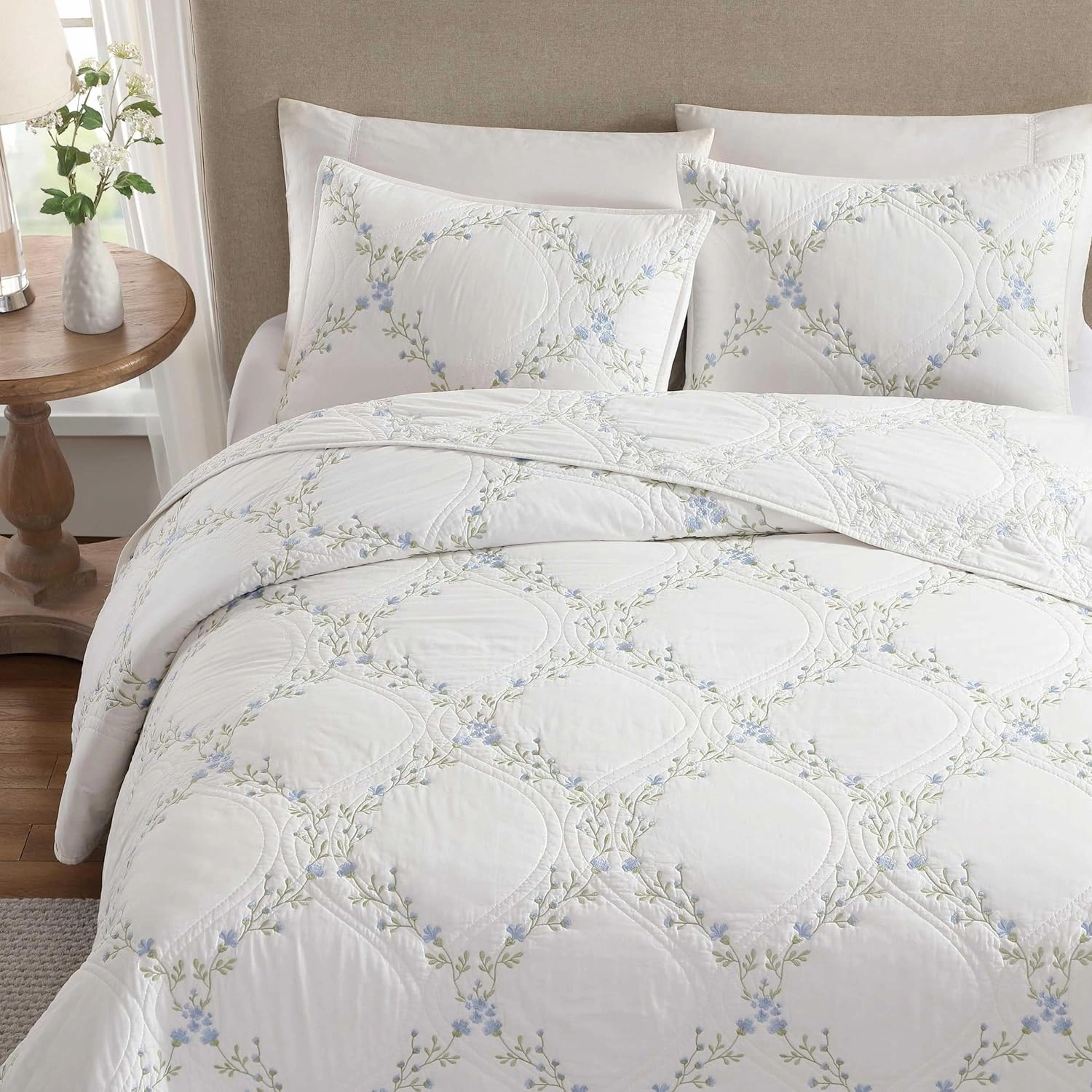 Laura Ashley - Full/Queen Quilt Set, Super Soft & Breathable Embroidered Bedding with Matching Sham(s), Floral Home Decor (Floral Embroidery Blue, Full/Queen)