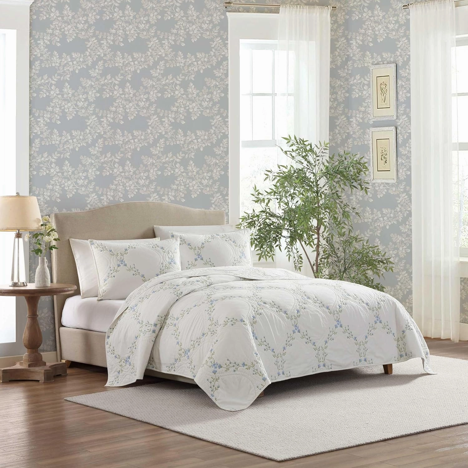 Laura Ashley - Full/Queen Quilt Set, Super Soft & Breathable Embroidered Bedding with Matching Sham(s), Floral Home Decor (Floral Embroidery Blue, Full/Queen)