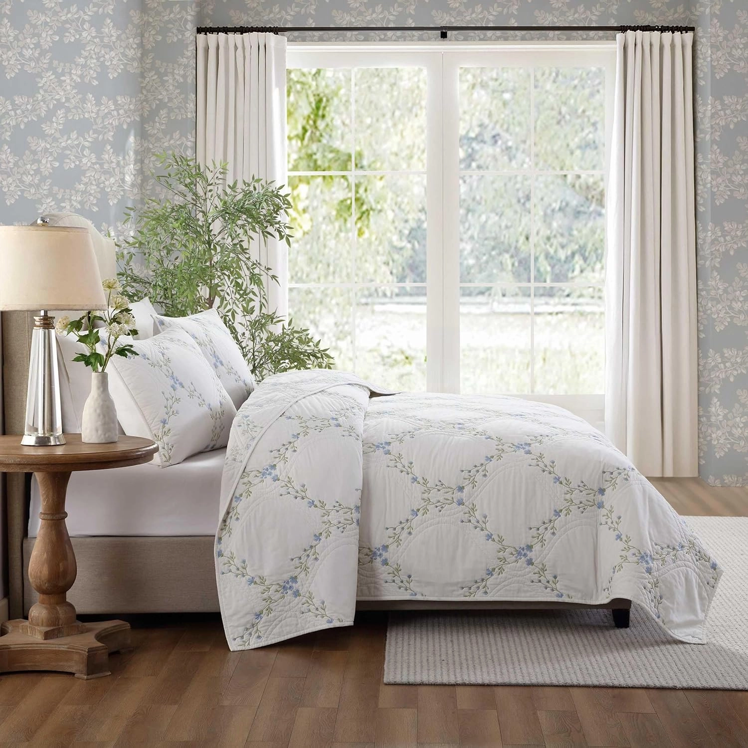 Laura Ashley - Full/Queen Quilt Set, Super Soft & Breathable Embroidered Bedding with Matching Sham(s), Floral Home Decor (Floral Embroidery Blue, Full/Queen)
