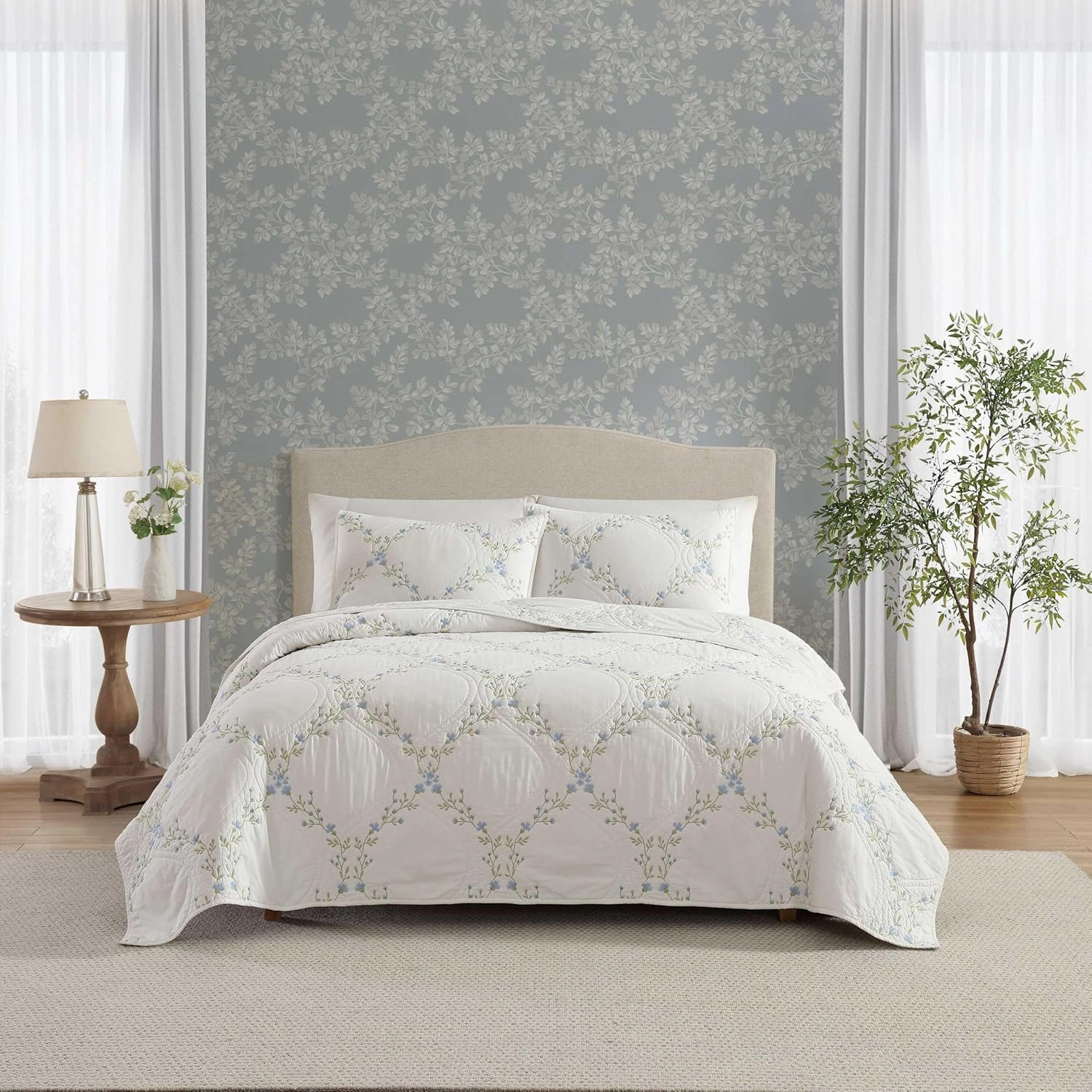 Laura Ashley - Full/Queen Quilt Set, Super Soft & Breathable Embroidered Bedding with Matching Sham(s), Floral Home Decor (Floral Embroidery Blue, Full/Queen)