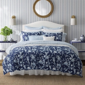 Laura Ashley- Twin Duvet Cover Set, Reversible Cotton Bedding Set, Includes Matching Sham(s) with Bonus Euro Sham(s) & Throw Pillow Covers (Branch Toile Blue, Twin)