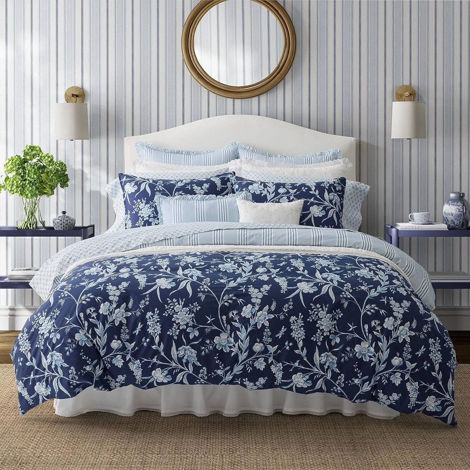 Laura Ashley- Twin Duvet Cover Set, Reversible Cotton Bedding Set, Includes Matching Sham(s) with Bonus Euro Sham(s) & Throw Pillow Covers (Branch Toile Blue, Twin)