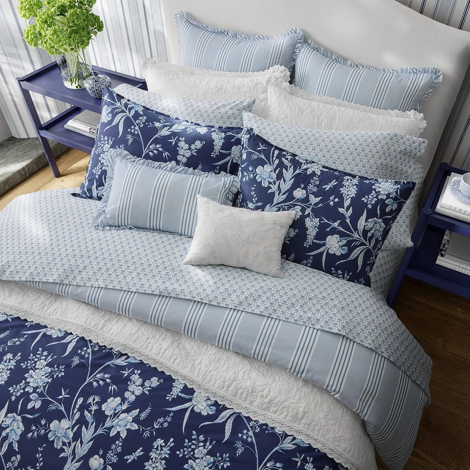 Laura Ashley- Twin Duvet Cover Set, Reversible Cotton Bedding Set, Includes Matching Sham(s) with Bonus Euro Sham(s) & Throw Pillow Covers (Branch Toile Blue, Twin)
