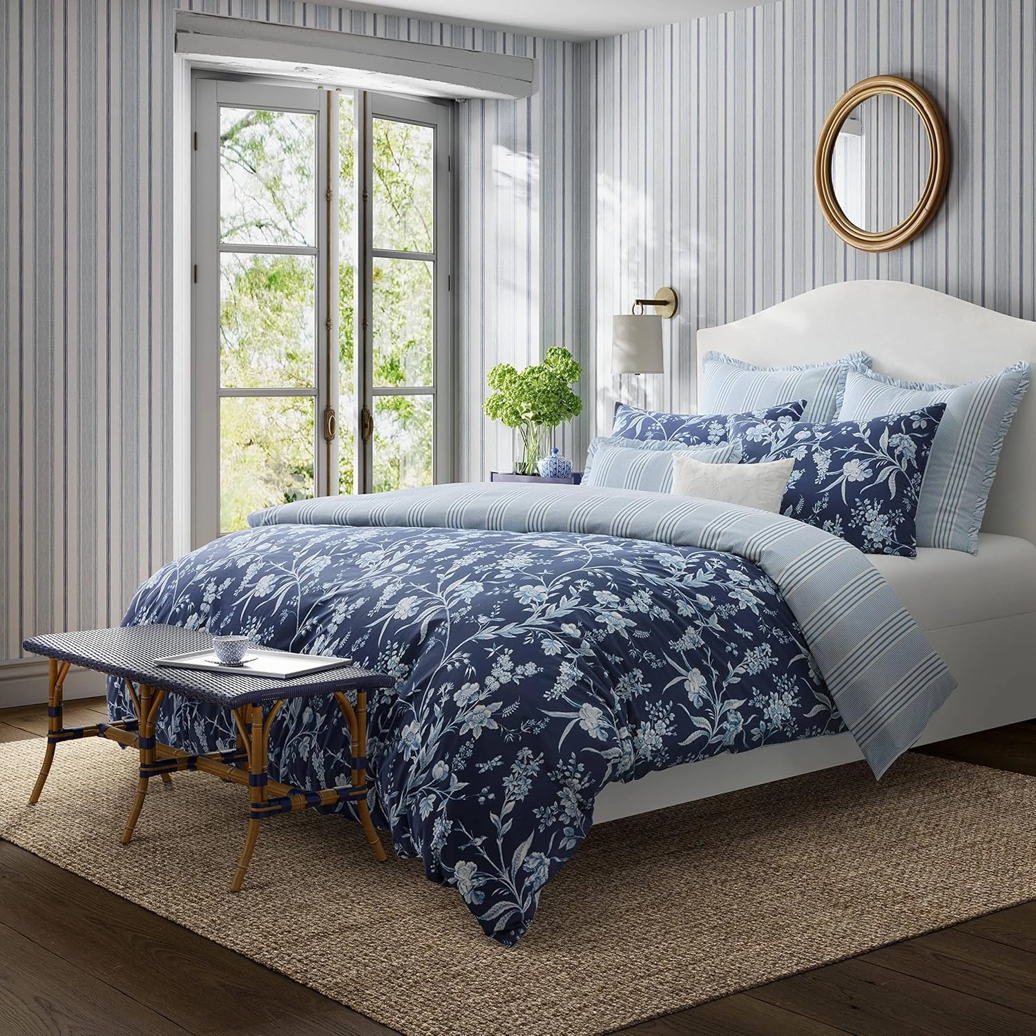 Laura Ashley- Twin Duvet Cover Set, Reversible Cotton Bedding Set, Includes Matching Sham(s) with Bonus Euro Sham(s) & Throw Pillow Covers (Branch Toile Blue, Twin)