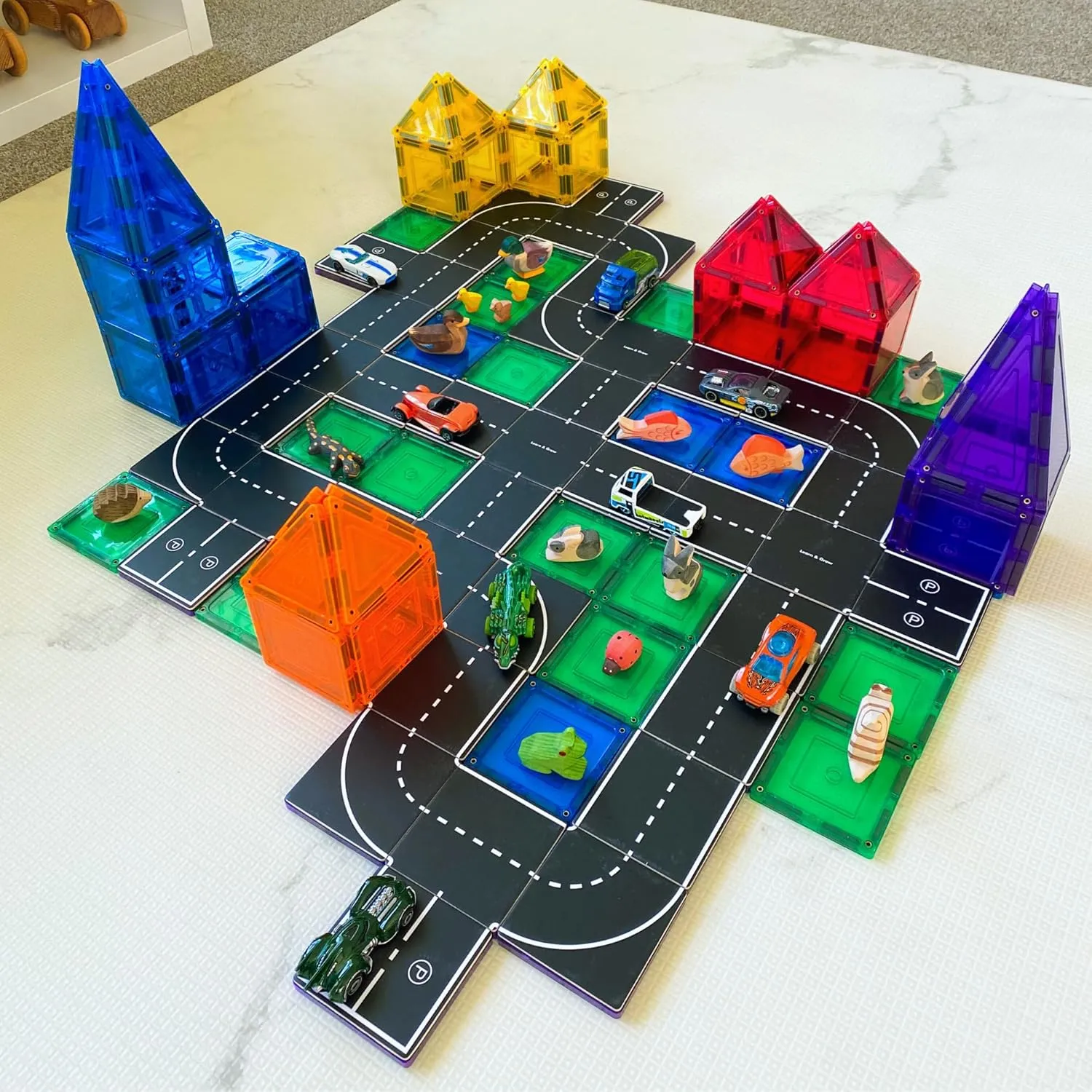 Learn & Grow Road Toppers 40PCs, Magnetic Tile Accessory, Magnet Building Set Road Pack Add on- STEM Building Toy & Learning Educational Magnet Construction Toddler