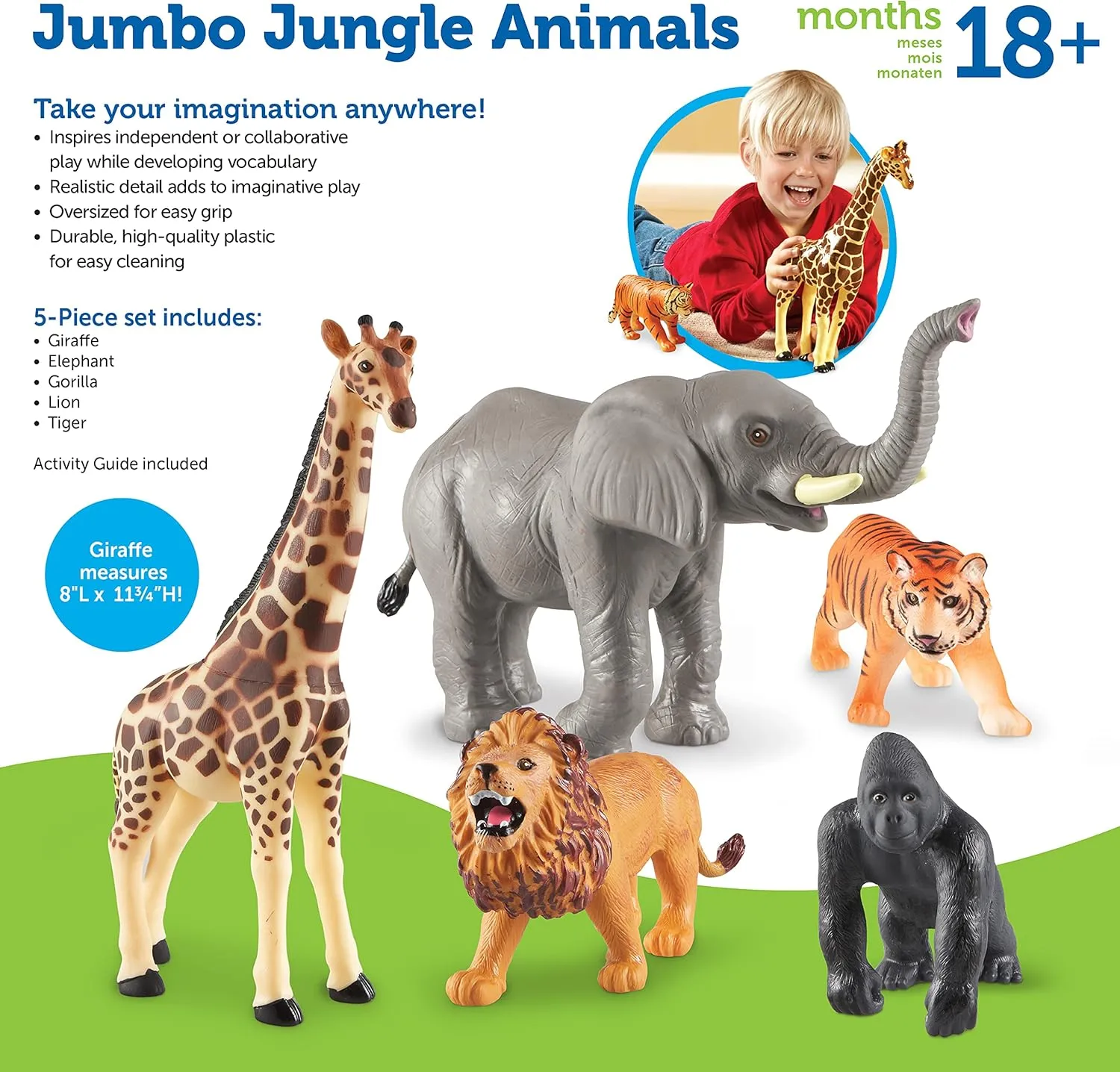 Learning Resources Jumbo Jungle Animals, Animal Toys for Kids, Safari Animals, 5 Pieces, Ages 18 months 
