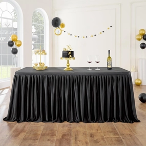 Leegleri Black Polyester Table Skirt for Rectangle tables 14ft, Wrinkle Resistant Pleated Ruffle Table Cloth for Banquet,Wedding,Trade,Baby Shower,Display Gift Dining Table(Tablecover Not Include)