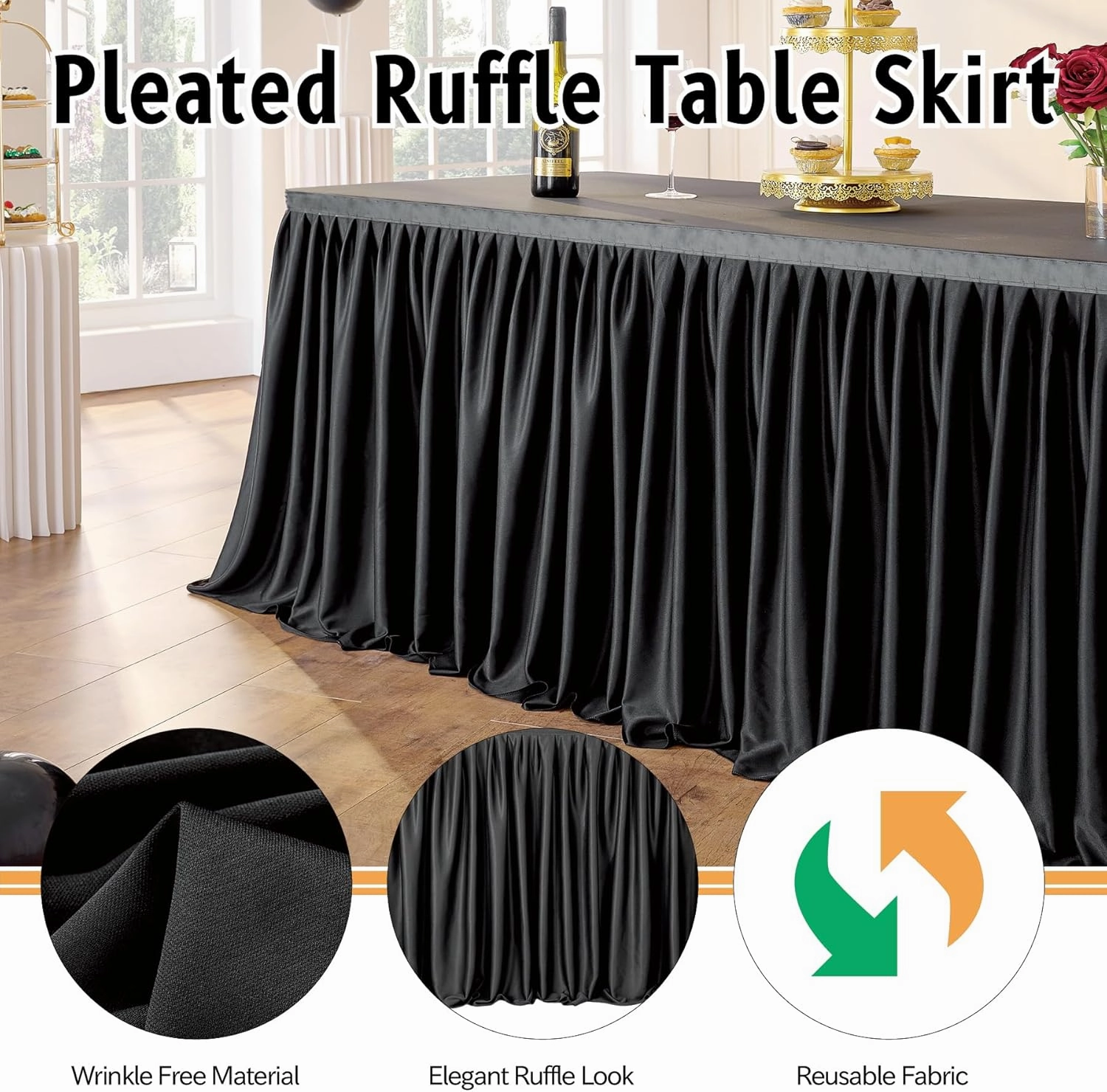 Leegleri Black Polyester Table Skirt for Rectangle tables 14ft, Wrinkle Resistant Pleated Ruffle Table Cloth for Banquet,Wedding,Trade,Baby Shower,Display Gift Dining Table(Tablecover Not Include)