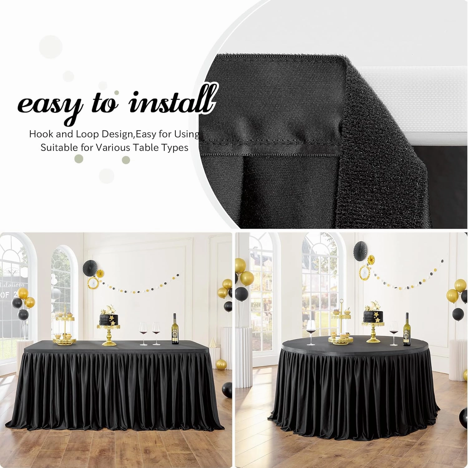 Leegleri Black Polyester Table Skirt for Rectangle tables 14ft, Wrinkle Resistant Pleated Ruffle Table Cloth for Banquet,Wedding,Trade,Baby Shower,Display Gift Dining Table(Tablecover Not Include)