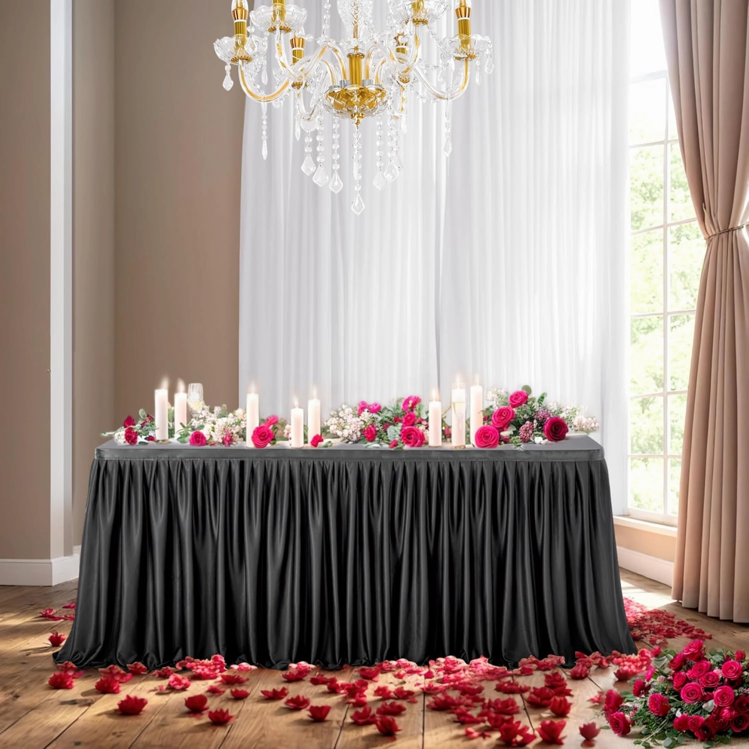 Leegleri Black Polyester Table Skirt for Rectangle tables 14ft, Wrinkle Resistant Pleated Ruffle Table Cloth for Banquet,Wedding,Trade,Baby Shower,Display Gift Dining Table(Tablecover Not Include)
