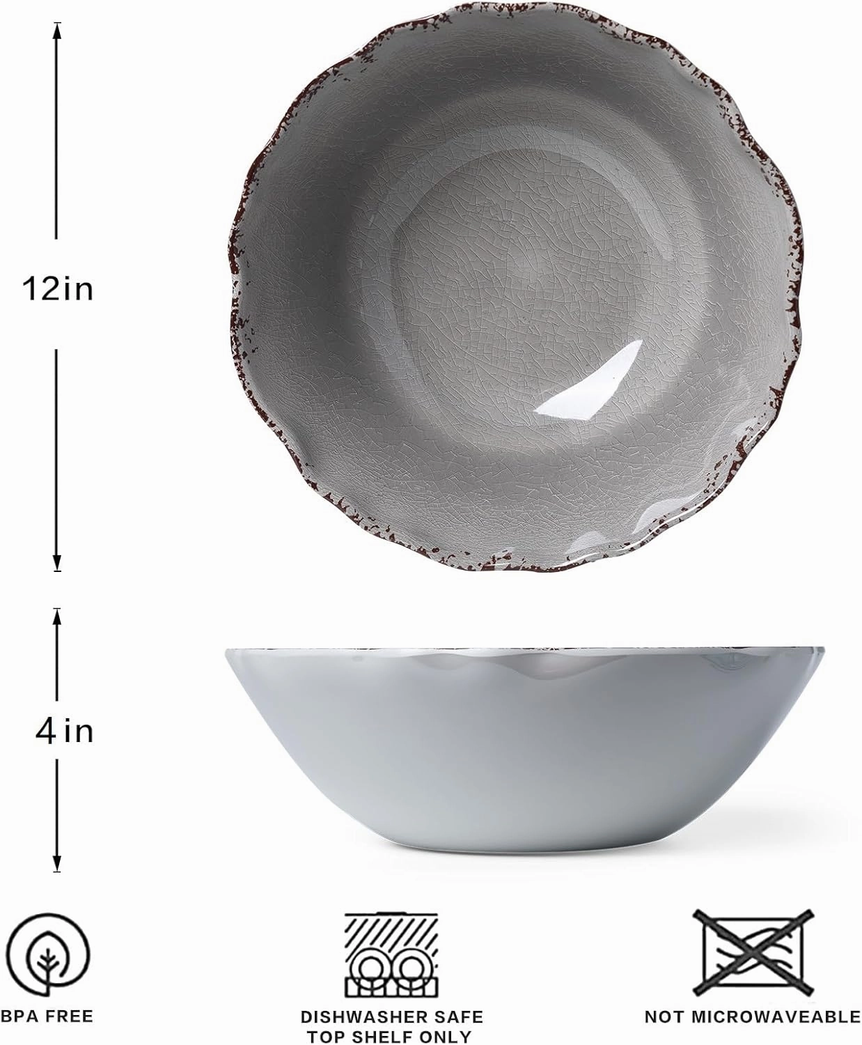 LEHAHA Farmhouse Melamine Serving Bowls,Set of 2, 130 OZ Break Resistant Large Deep Salad Bowls, BPA Free Large Bowl for Serving Salad, Fruit, Vegetables and Food Storage, 12" x 4", Gray
