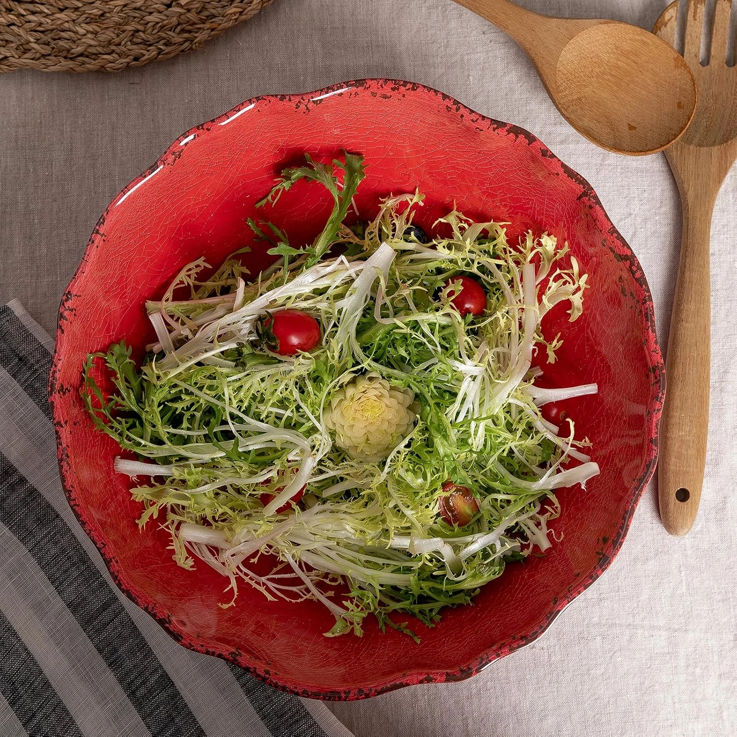 LEHAHA Rustic Crackle Melamine Serving Bowls, 130 OZ and 12 inches Waved Rim Salad Bowl,Unbreakable Pasta Bowls and Mixing Bowls, Set of 2, Pefect for Christmas and All Festivals