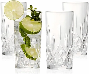 LEMONSODA Premium 12oz Highball Glass, for Water, Juices, cocktails - Set of 4 - Crystal Cut Glasses – Elegant Textured Tom Collins Glassware Set - Premium Packaging