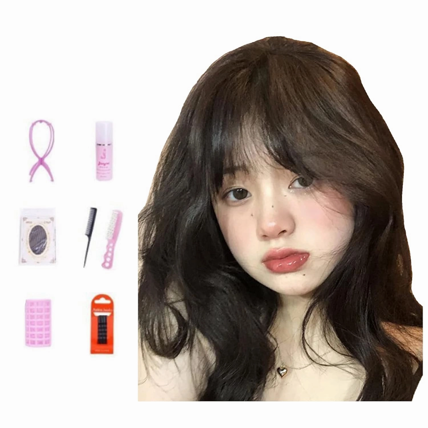 Letuwj Wig female long hair natural black medium length hair wig set Black tea seven-piece set one size