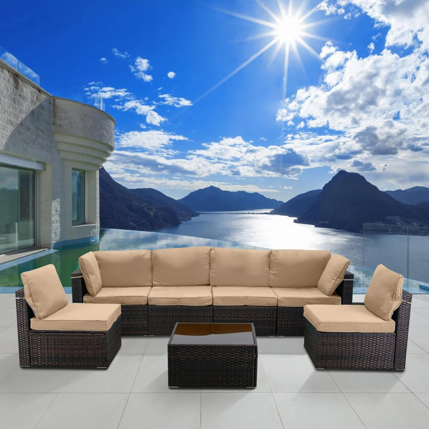 LEVELEVE 7 Pieces Outdoor Patio Furniture Sets,Rattan Conversation Sectional Set,Manual Weaving Wicker Patio Sofa with Tea Table