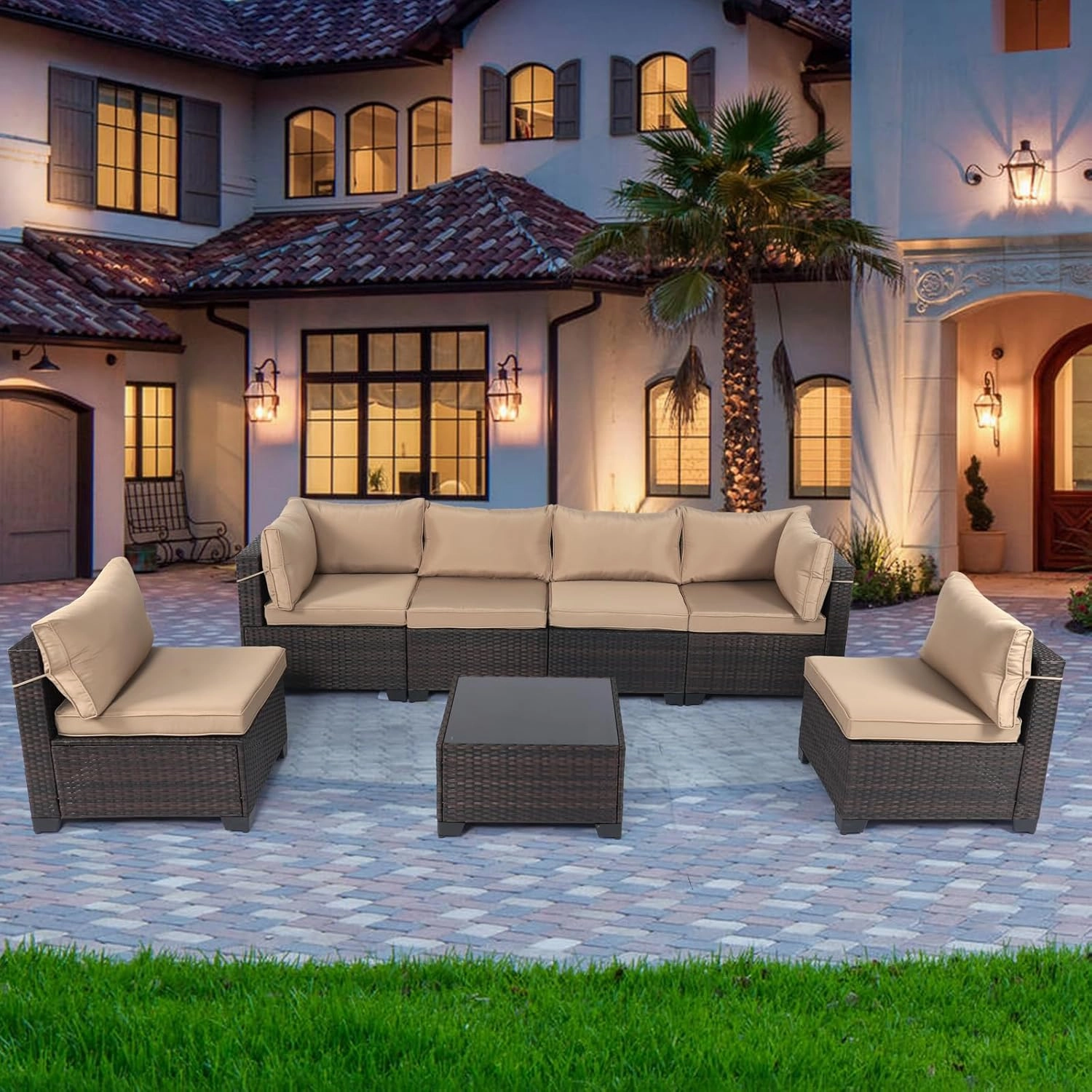 LEVELEVE 7 Pieces Outdoor Patio Furniture Sets,Rattan Conversation Sectional Set,Manual Weaving Wicker Patio Sofa with Tea Table