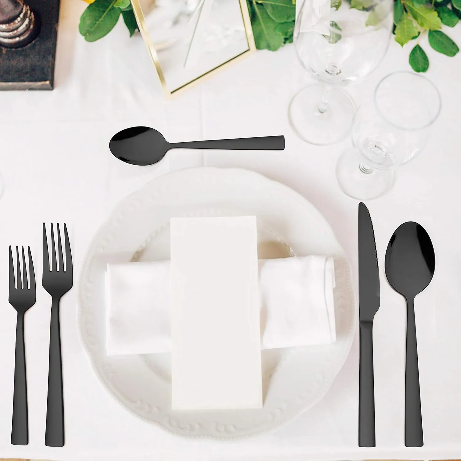 LIANYU 60-Piece Black Silverware Set with Organizer Tray, Stainless Steel Square Flatware Cutlery Set for 12, Black Eating Utensils for Home Restaurant, Dishwasher Safe, Mirror Finished