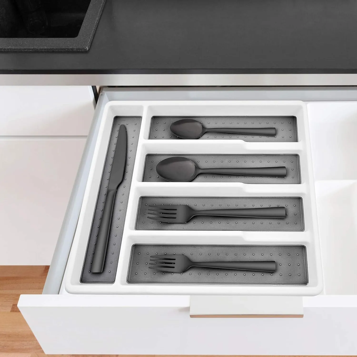 LIANYU 60-Piece Black Silverware Set with Organizer Tray, Stainless Steel Square Flatware Cutlery Set for 12, Black Eating Utensils for Home Restaurant, Dishwasher Safe, Mirror Finished