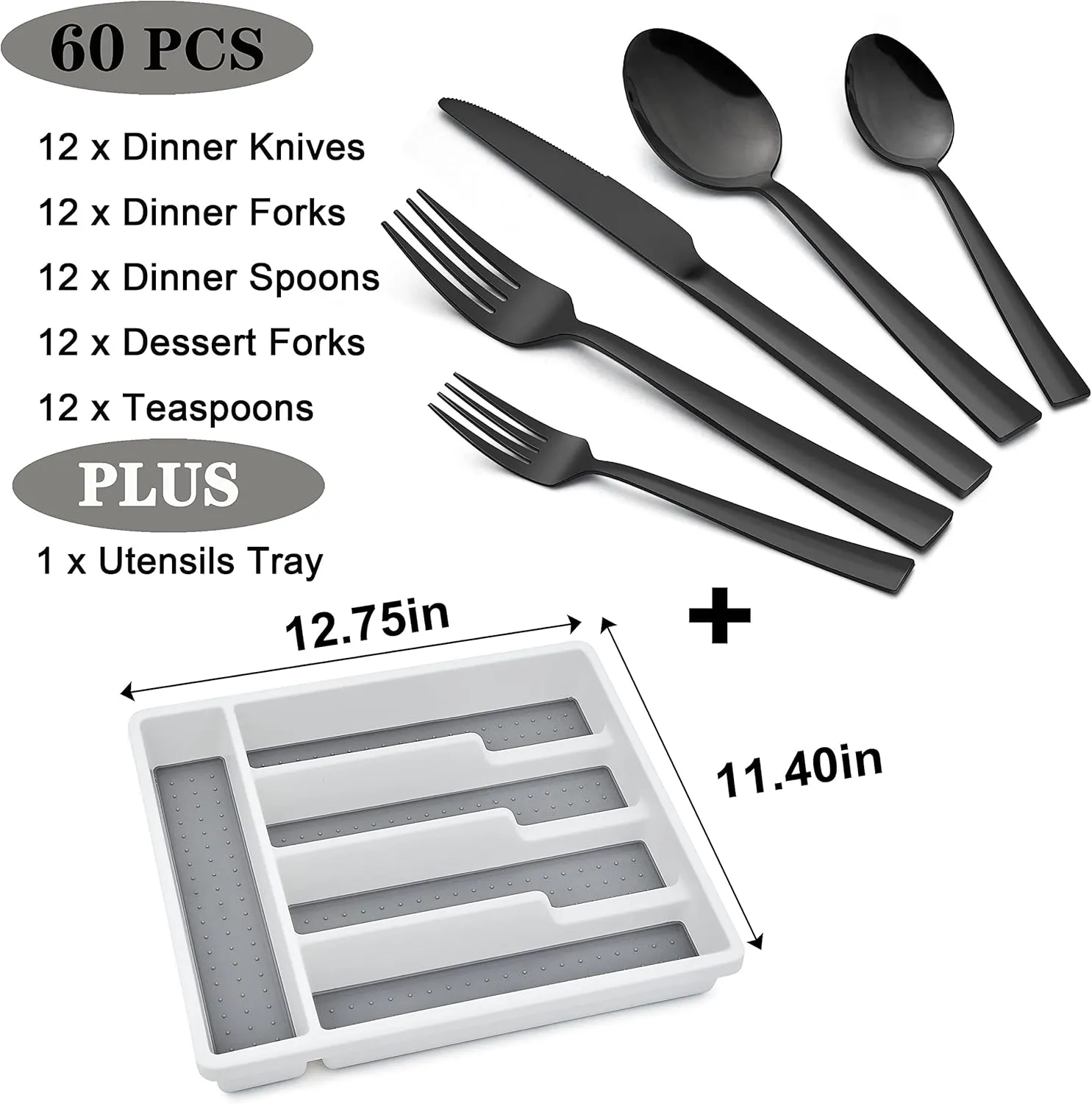 LIANYU 60-Piece Black Silverware Set with Organizer Tray, Stainless Steel Square Flatware Cutlery Set for 12, Black Eating Utensils for Home Restaurant, Dishwasher Safe, Mirror Finished