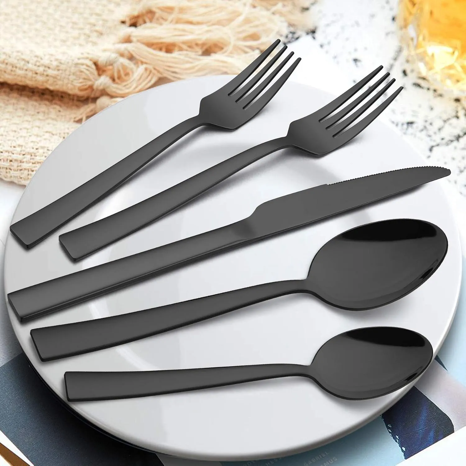 LIANYU 60-Piece Black Silverware Set with Organizer Tray, Stainless Steel Square Flatware Cutlery Set for 12, Black Eating Utensils for Home Restaurant, Dishwasher Safe, Mirror Finished