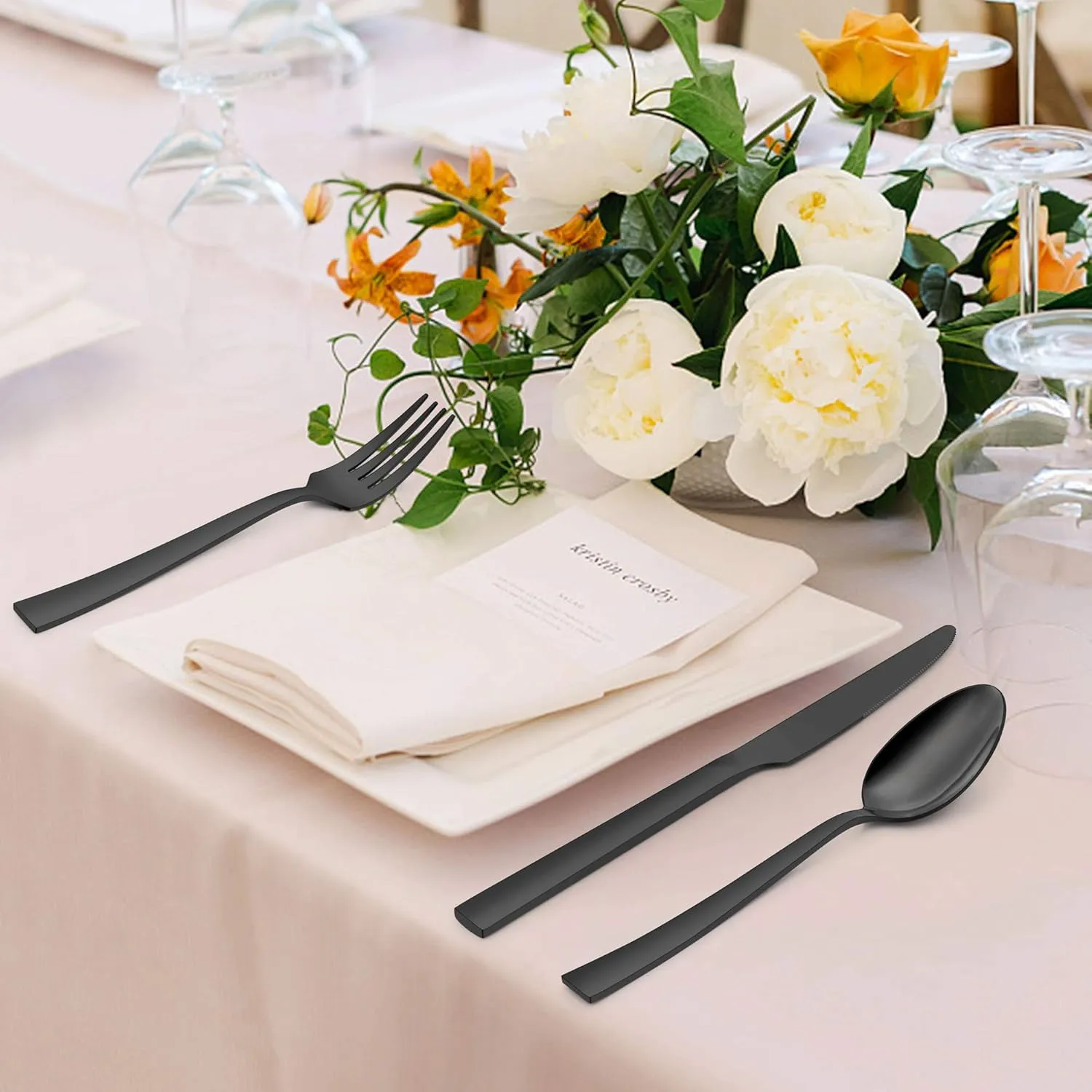 LIANYU 60-Piece Black Silverware Set with Organizer Tray, Stainless Steel Square Flatware Cutlery Set for 12, Black Eating Utensils for Home Restaurant, Dishwasher Safe, Mirror Finished