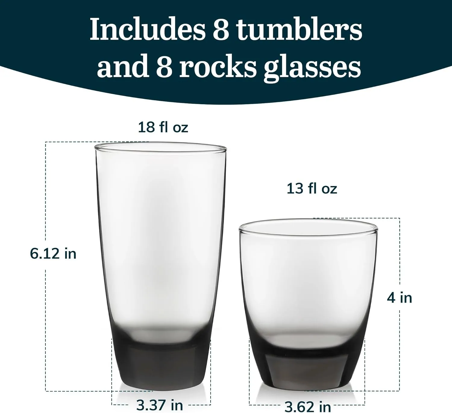 Libbey Classic Rocks and Tumbler Glasses Set of 16, Smoke Hue, Lead-Free Water Glasses , Dishwasher Safe Drinking Glasses Set