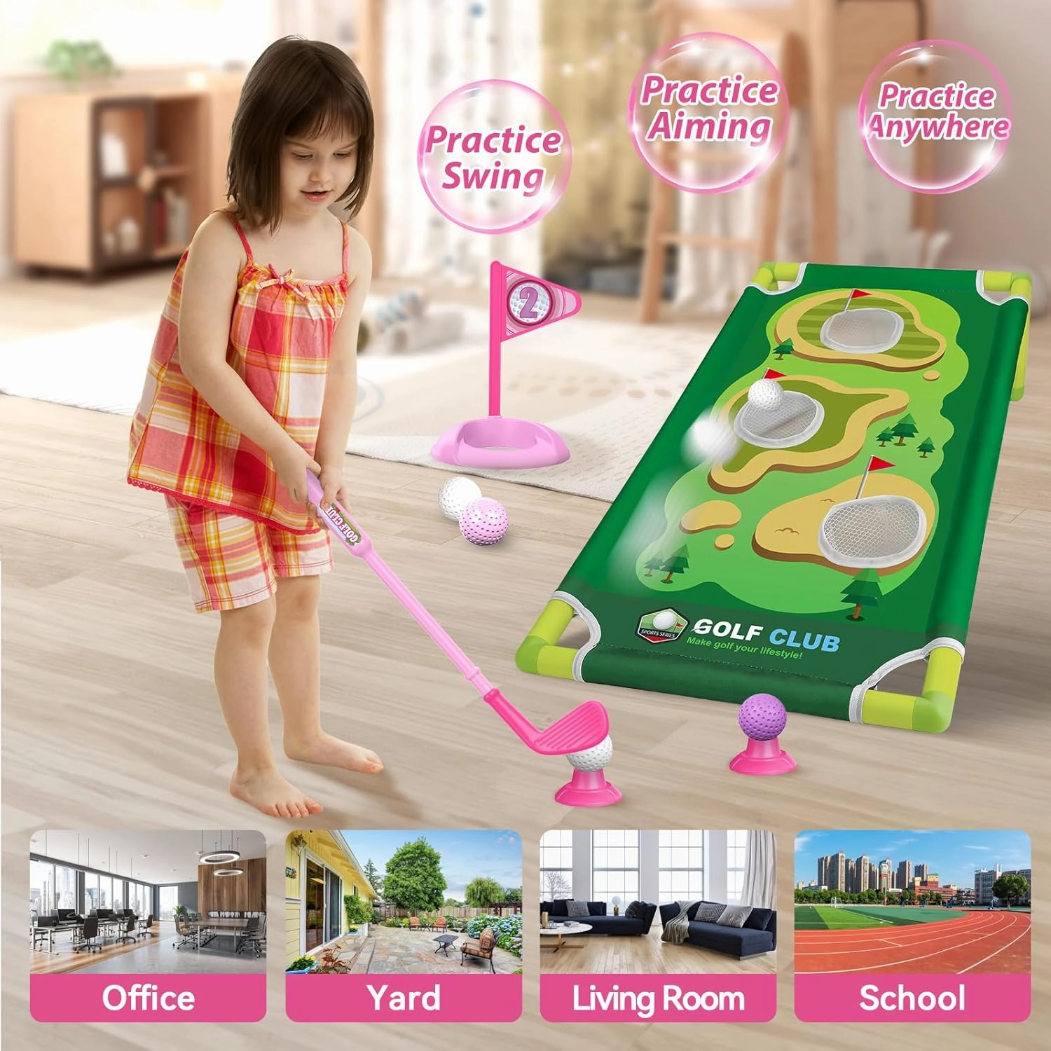 Liberry Toddler Golf Set for 2 3 4 Years Old Girls Boys, Upgraded Kids Golf Cart with Golf Cornhole Board & Putting Mat, Indoor and Outdoor Golf Toys Birthday Gift, Pink