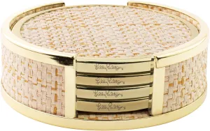 Lilly Pulitzer Gold and Raffia Coasters for Drinks with Holder, Cute Coaster Set of 4, Decorative Coasters for Coffee Table Protection, Raffia