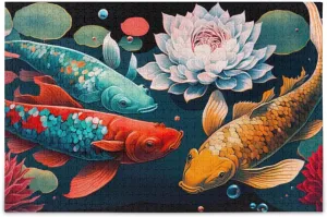 Lotus Flowers Fish Jigsaw Puzzles for Kids Adults 1000 Pieces, Fun Educational Games Toy Birthday Gift Art Home Decor Finish Size 29.5 x 20 Inches