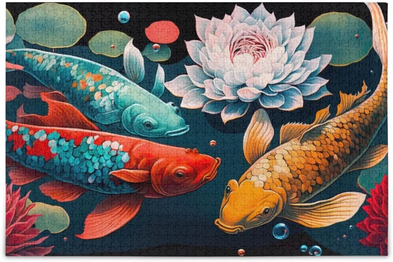 Lotus Flowers Fish Jigsaw Puzzles for Kids Adults 1000 Pieces, Fun Educational Games Toy Birthday Gift Art Home Decor Finish Size 29.5 x 20 Inches
