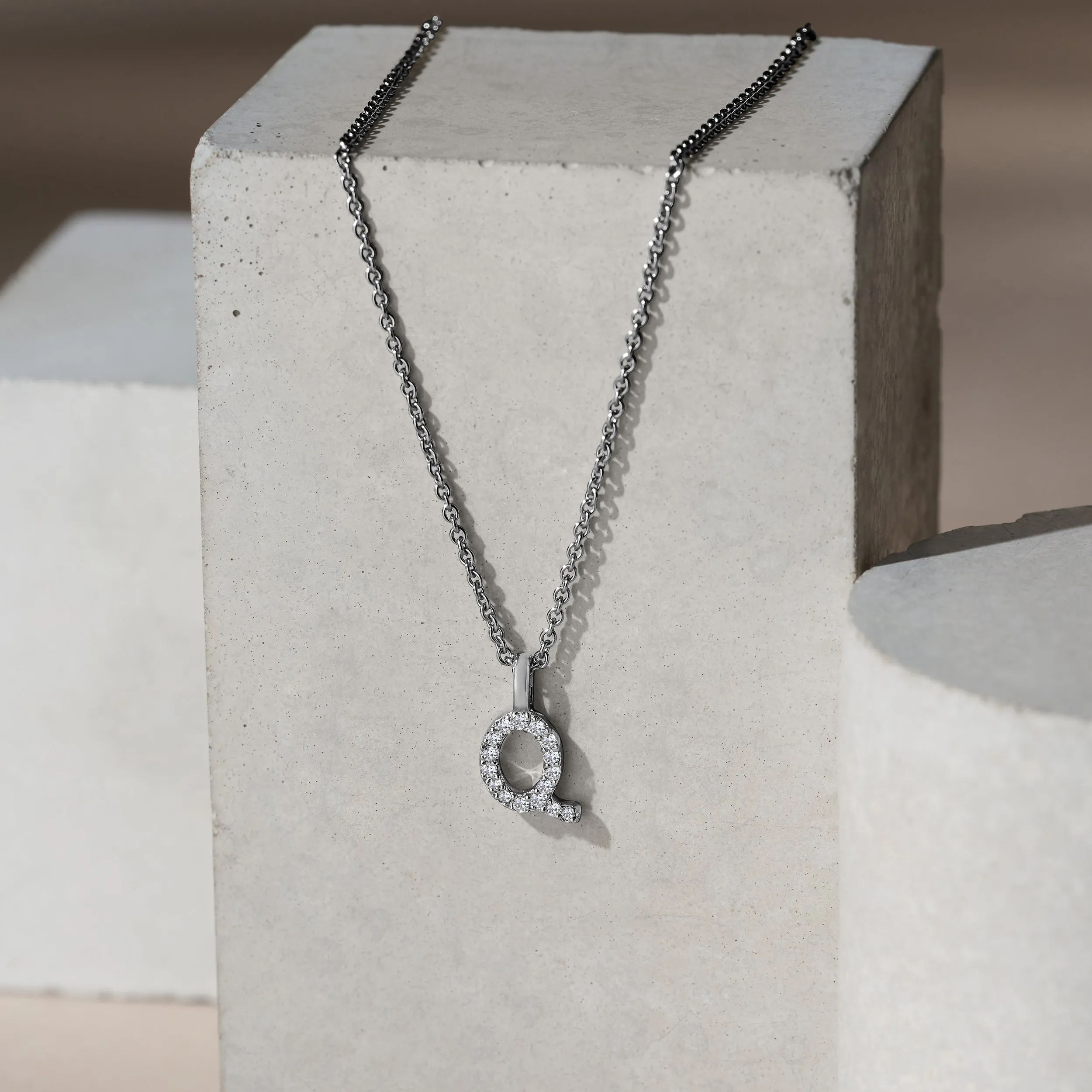 Love Letter Initial Q Lab Diamond Necklace set in 9K White Gold
