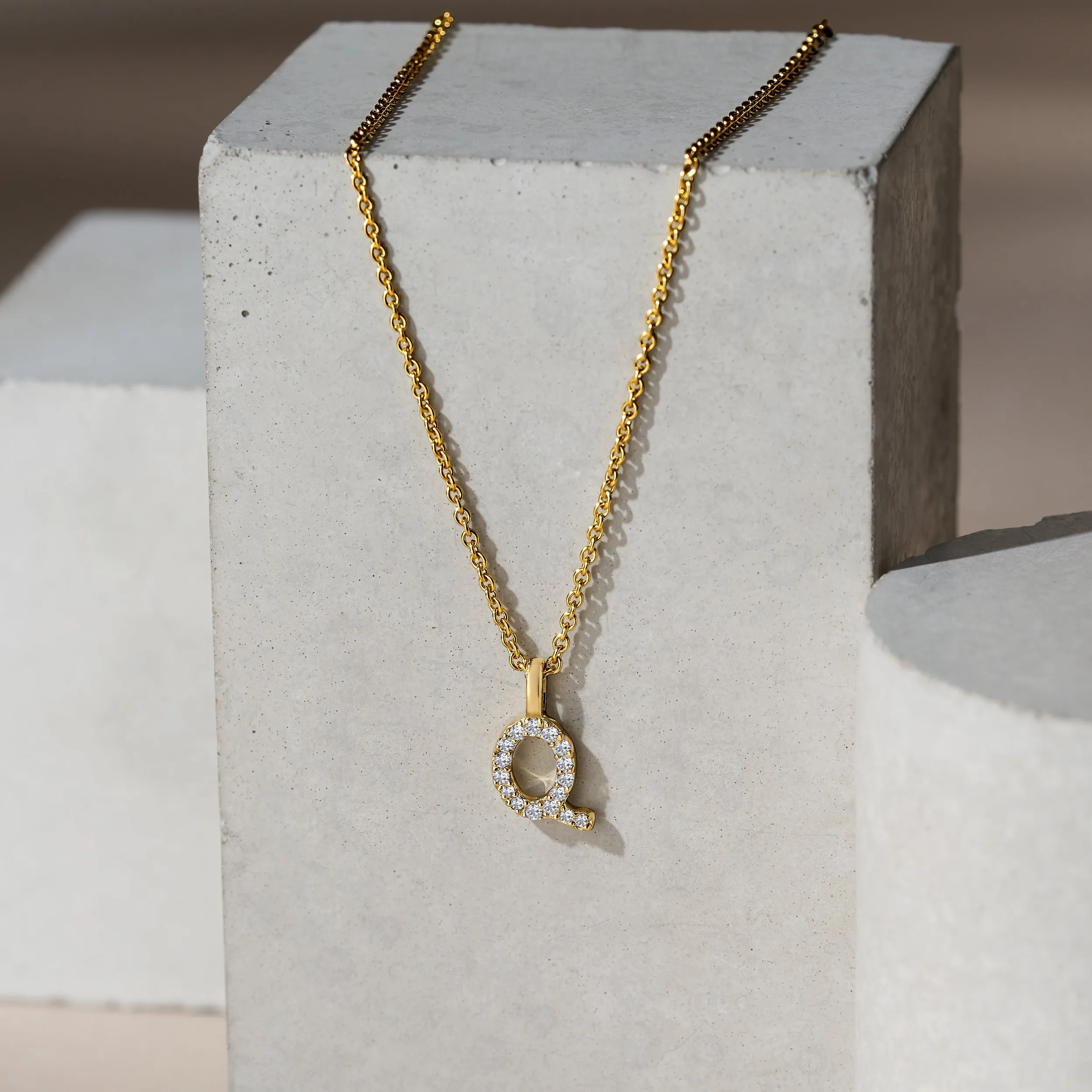 Love Letter Initial Q Lab Diamond Necklace set in 9K Yellow Gold