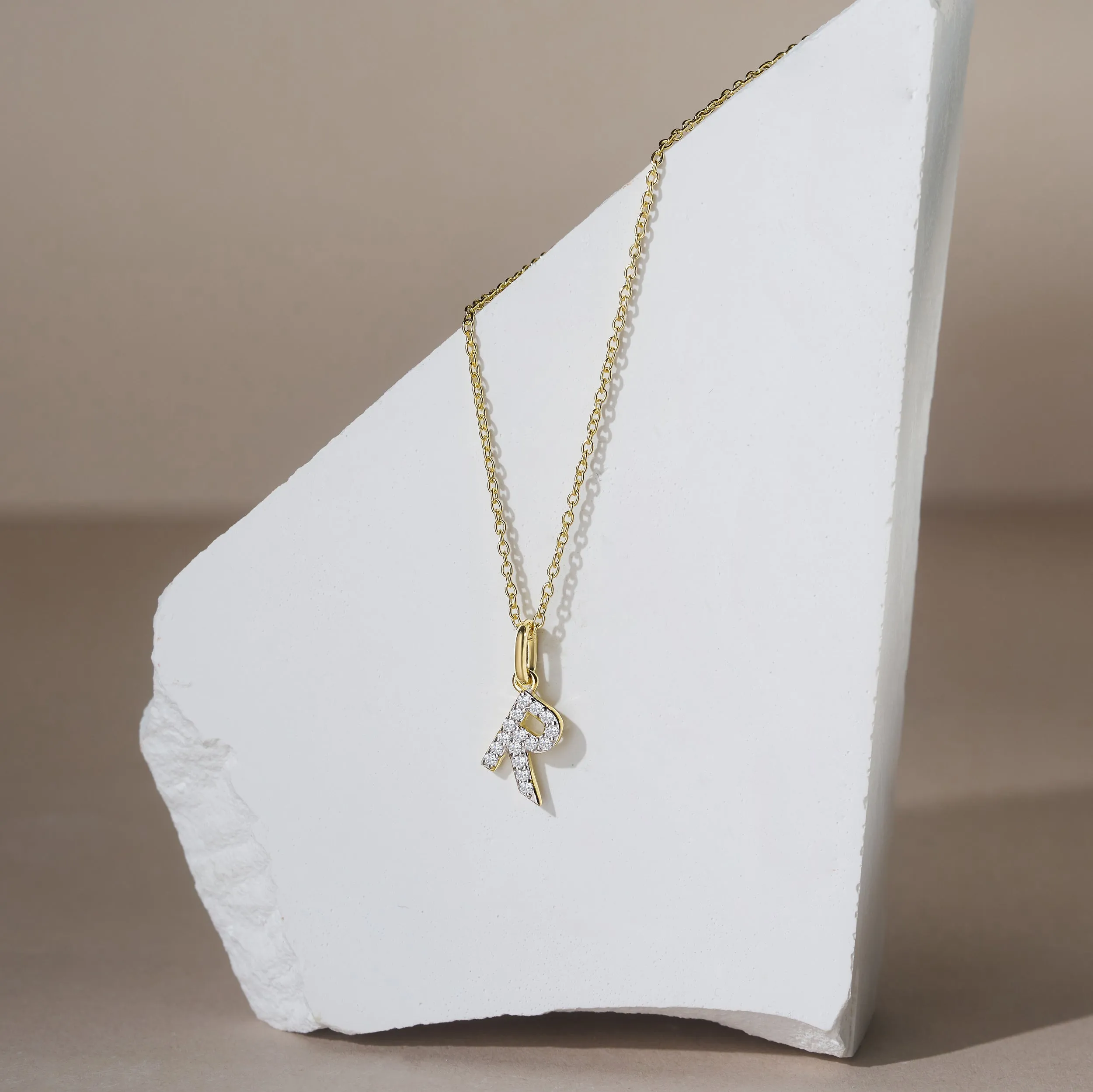 Love Letter Initial R Lab Diamond Necklace set in 18K Gold Vermeil