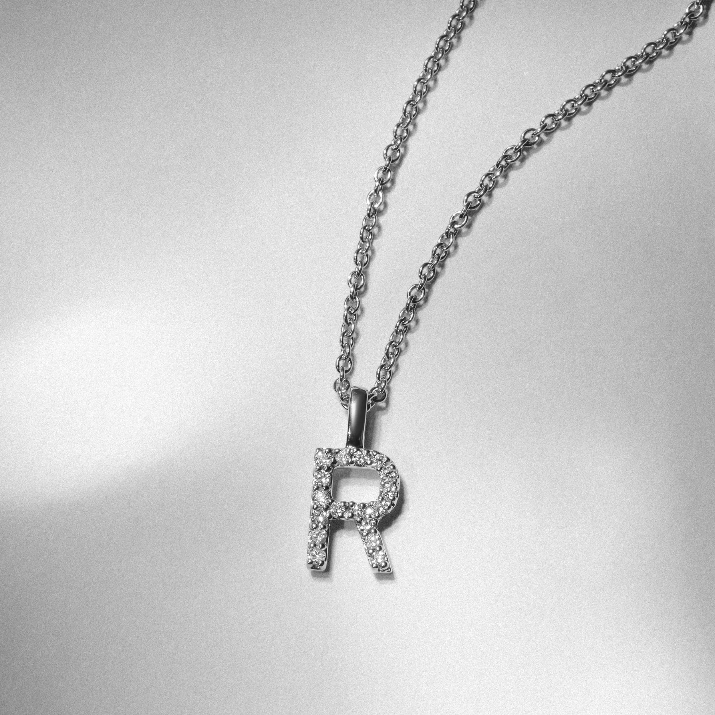Love Letter Initial R Lab Diamond Necklace set in 9K White Gold