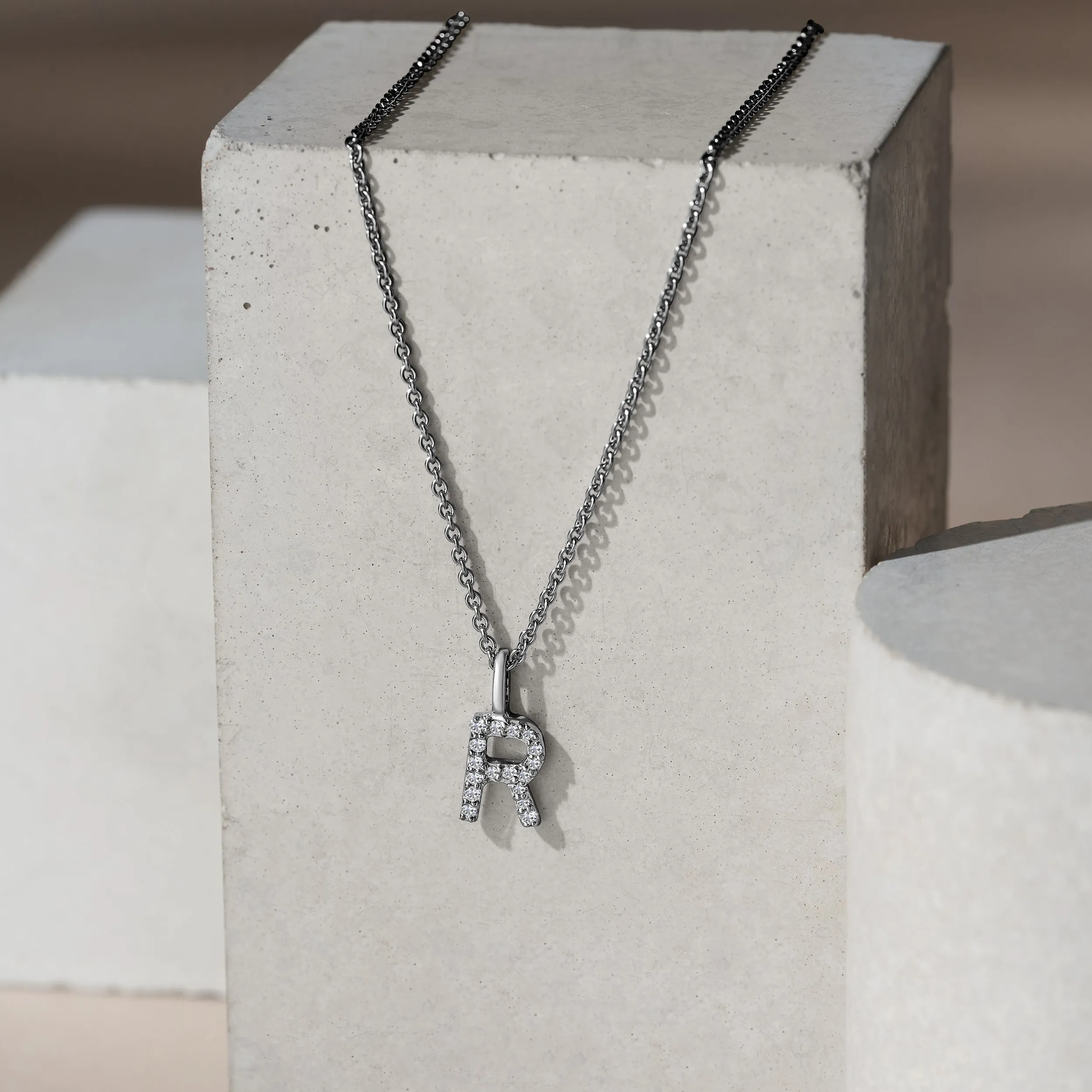 Love Letter Initial R Lab Diamond Necklace set in 9K White Gold