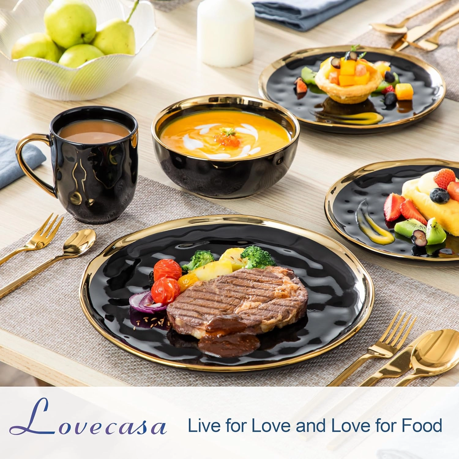 LOVECASA Black and Gold Dishes Sets, Stoneware Dinnerware Sets for 4, 16 Piece Plates and Bowls Sets, Handmade Dinnerware with Gold Trim, Dishwasher Safe Dinner Set