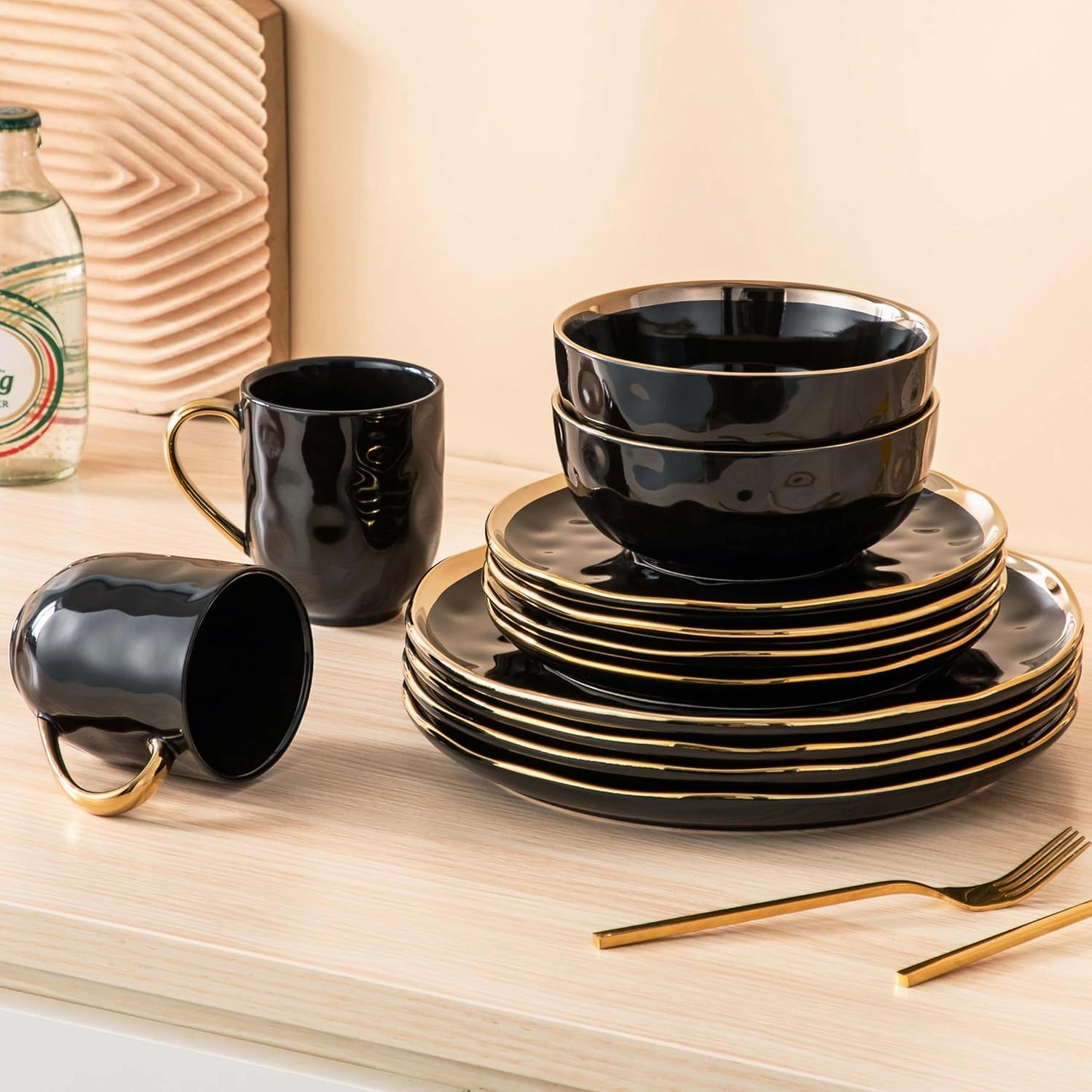 LOVECASA Black and Gold Dishes Sets, Stoneware Dinnerware Sets for 4, 16 Piece Plates and Bowls Sets, Handmade Dinnerware with Gold Trim, Dishwasher Safe Dinner Set