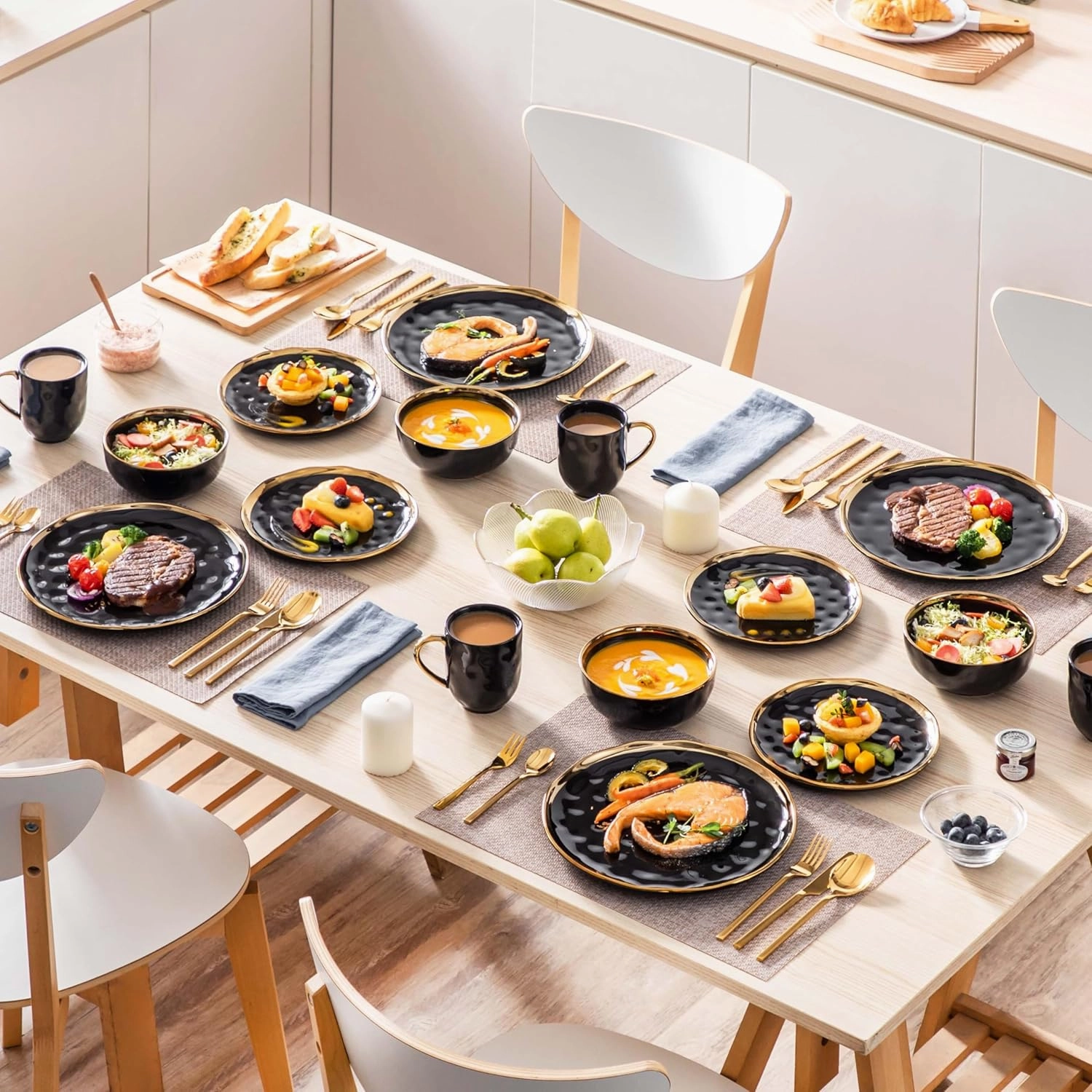 LOVECASA Black and Gold Dishes Sets, Stoneware Dinnerware Sets for 4, 16 Piece Plates and Bowls Sets, Handmade Dinnerware with Gold Trim, Dishwasher Safe Dinner Set
